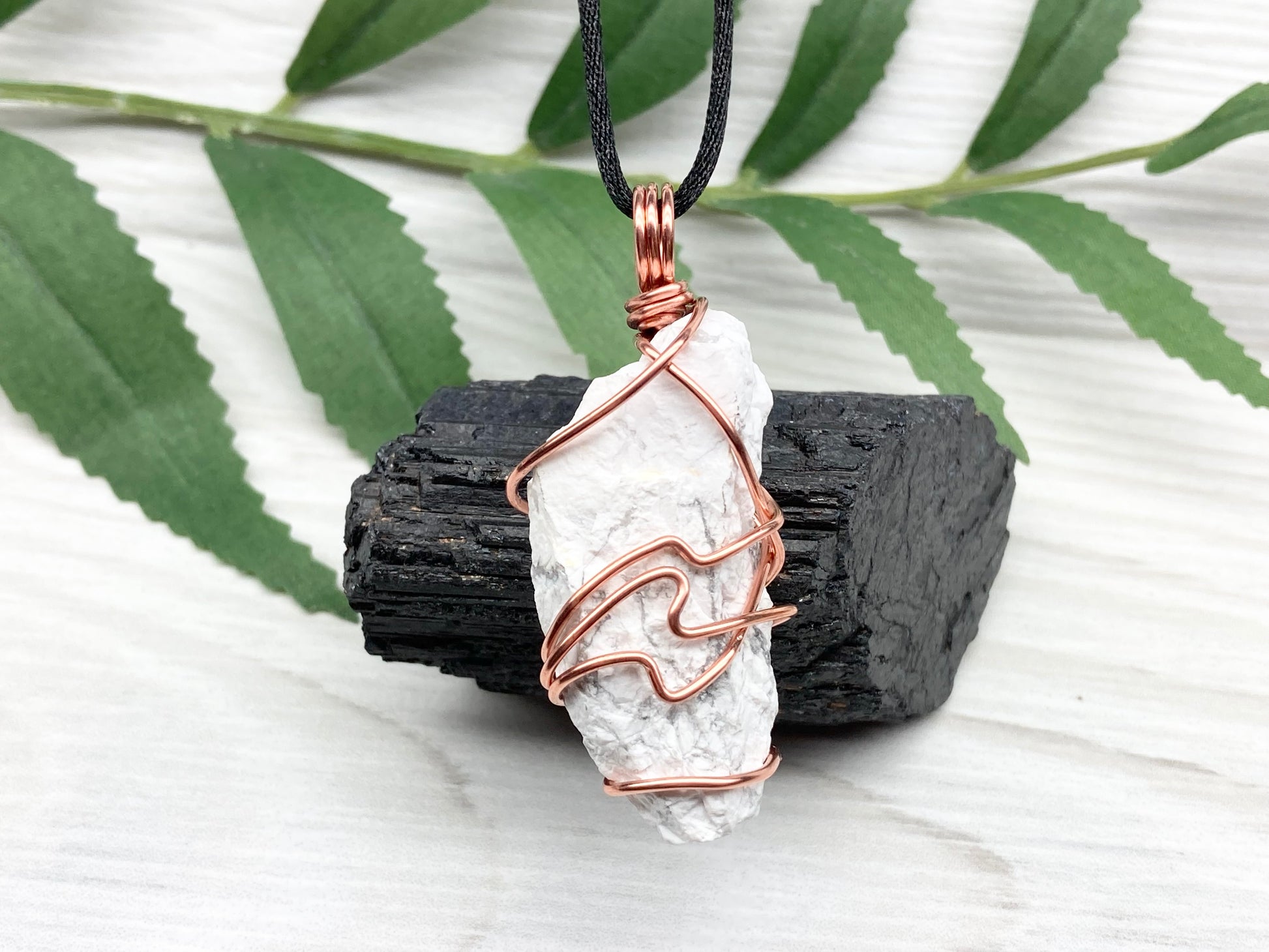 Raw Howlite Necklace. Raw White Crystal With Gray Marble Wrapped With Pure Copper Wire. Comes On A Black Chain. New Age Pendant For Him or Her. Virgo Zodiac Gift.
