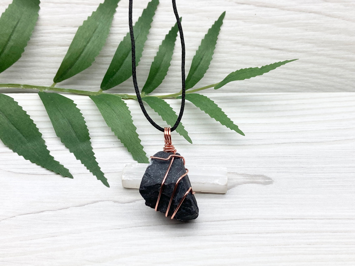 Real Black Onyx Stone Wrapped With Copper Wire. Raw Crystal Necklace. Rough Gemstone Pendant. Comes On A Black Chain. Witchy Pagan Style Jewelry.
