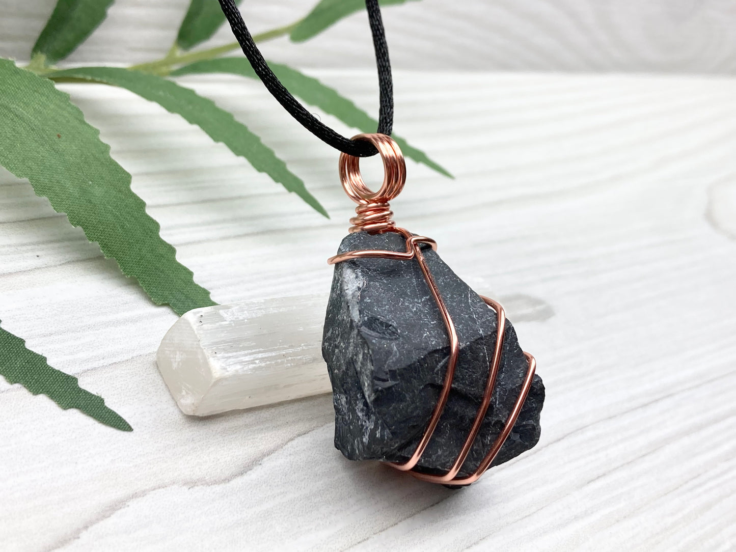 Real Black Onyx Stone Wrapped With Copper Wire. Raw Crystal Necklace. Rough Gemstone Pendant. Comes On A Black Chain. Witchy Pagan Style Jewelry.