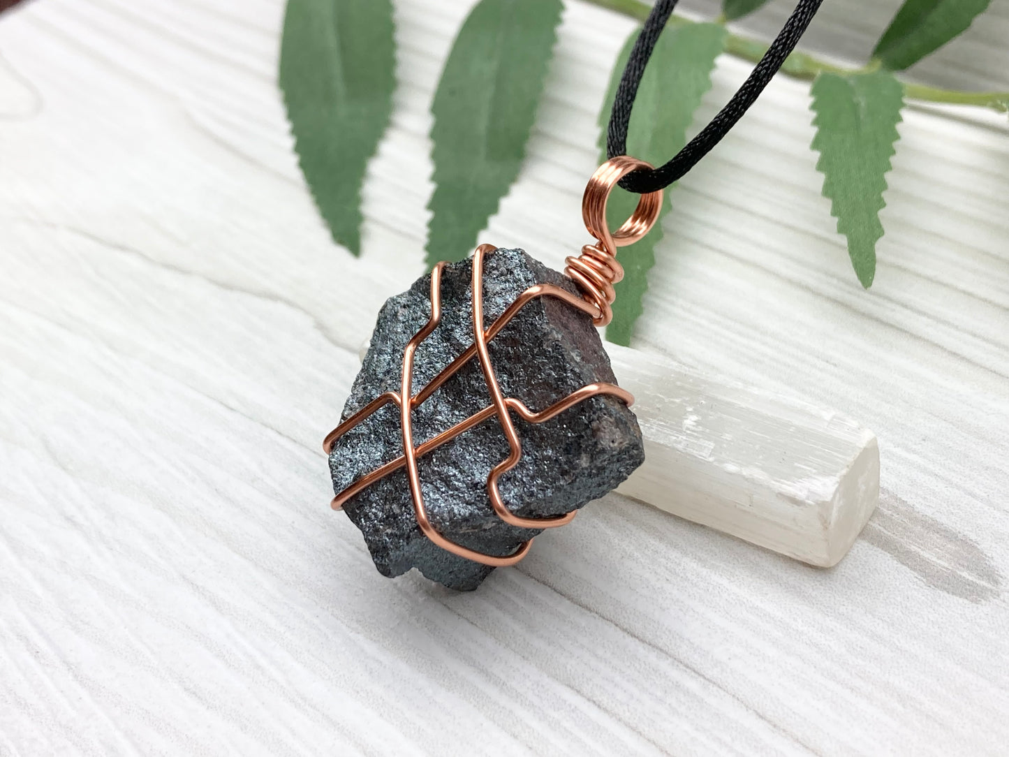 Raw Hematite Necklace. Gray Metallic Colored Stone Hand Wrapped With Pure Copper Wire. Comes On A Black Chain.  Spiritual Jewelry For Him Or Her. Capricorn Zodiac Gemstone.