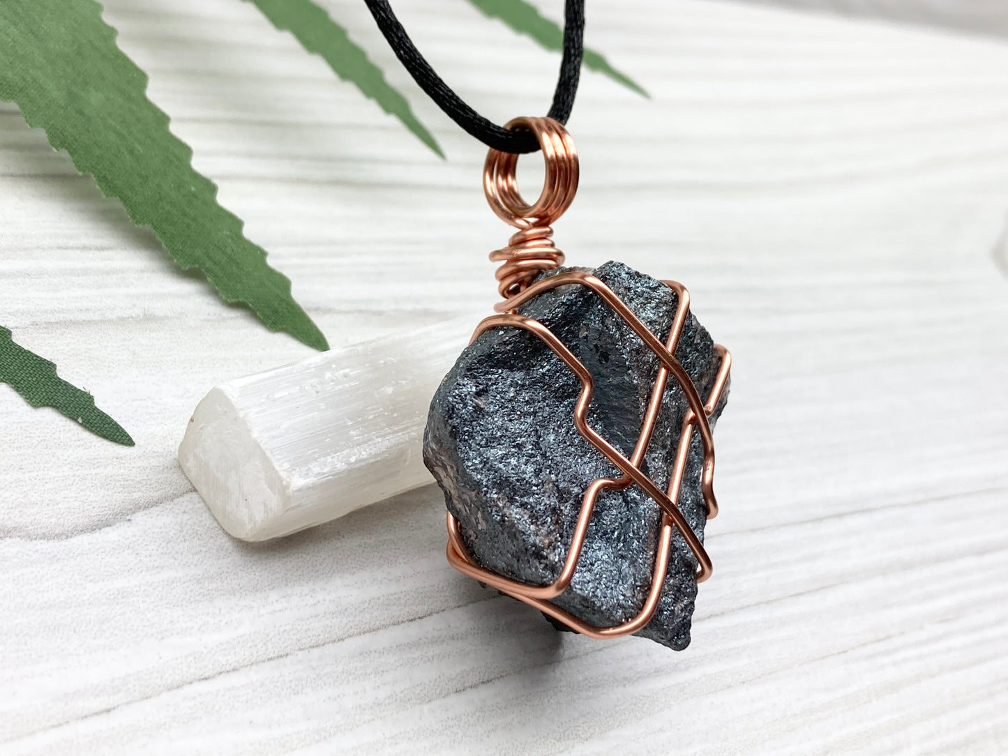 Raw Hematite Necklace. Gray Metallic Colored Stone Hand Wrapped With Pure Copper Wire. Comes On A Black Chain.  Spiritual Jewelry For Him Or Her. Capricorn Zodiac Gemstone.