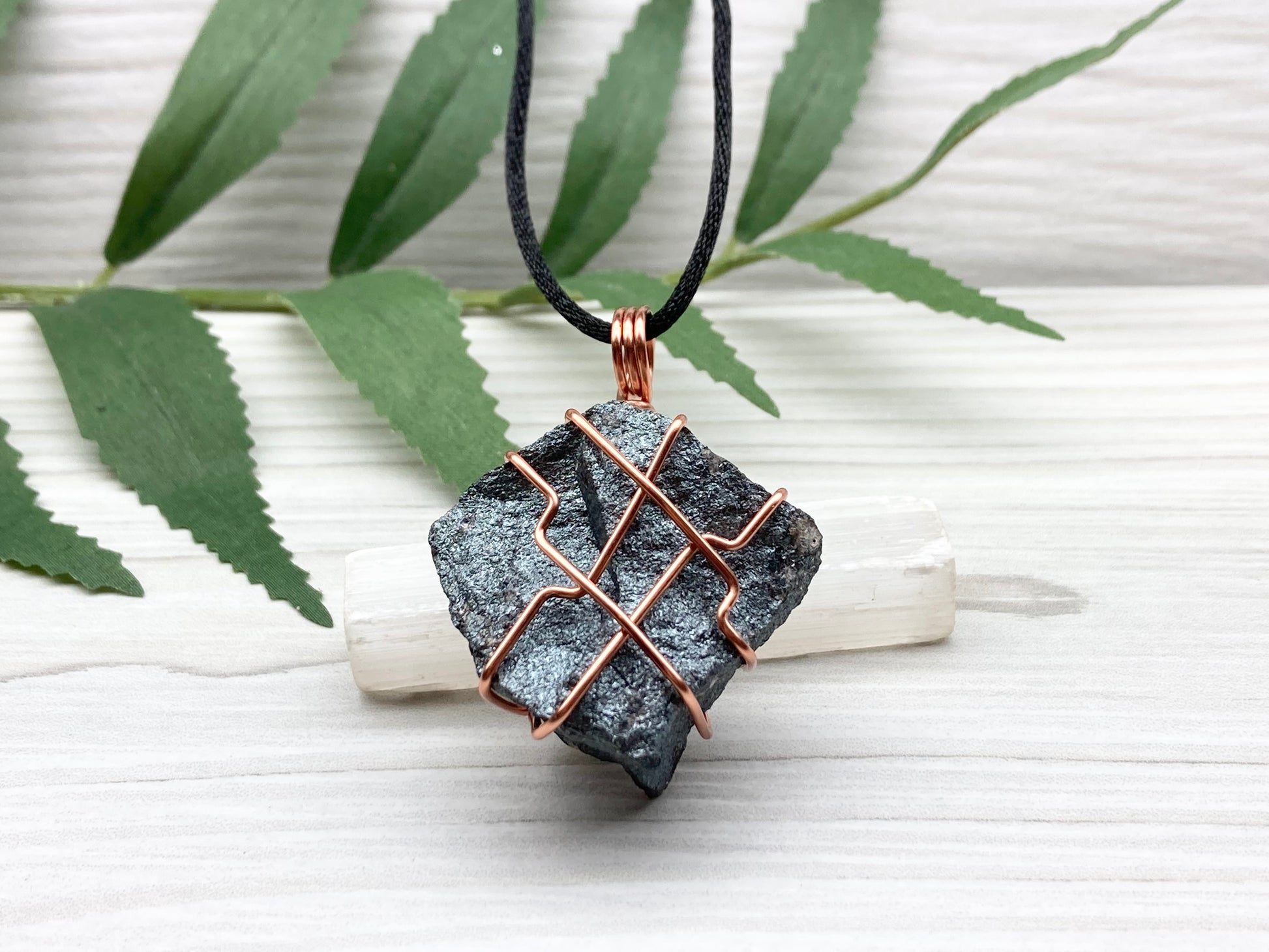 Raw Hematite Necklace. Gray Metallic Colored Stone Hand Wrapped With Pure Copper Wire. Comes On A Black Chain.  Spiritual Jewelry For Him Or Her. Capricorn Zodiac Gemstone.