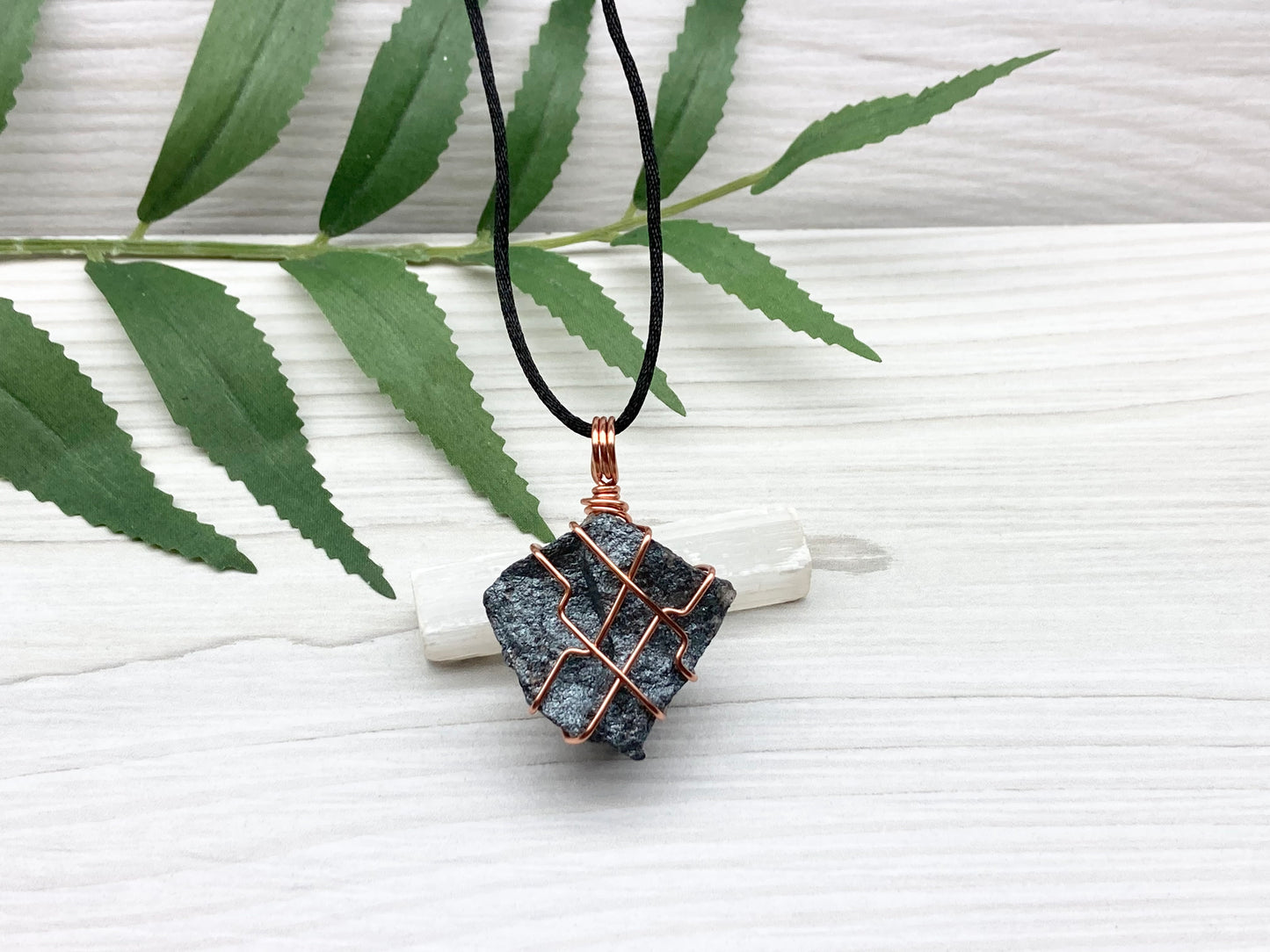 Raw Hematite Necklace. Gray Metallic Colored Stone Hand Wrapped With Pure Copper Wire. Comes On A Black Chain.  Spiritual Jewelry For Him Or Her. Capricorn Zodiac Gemstone.