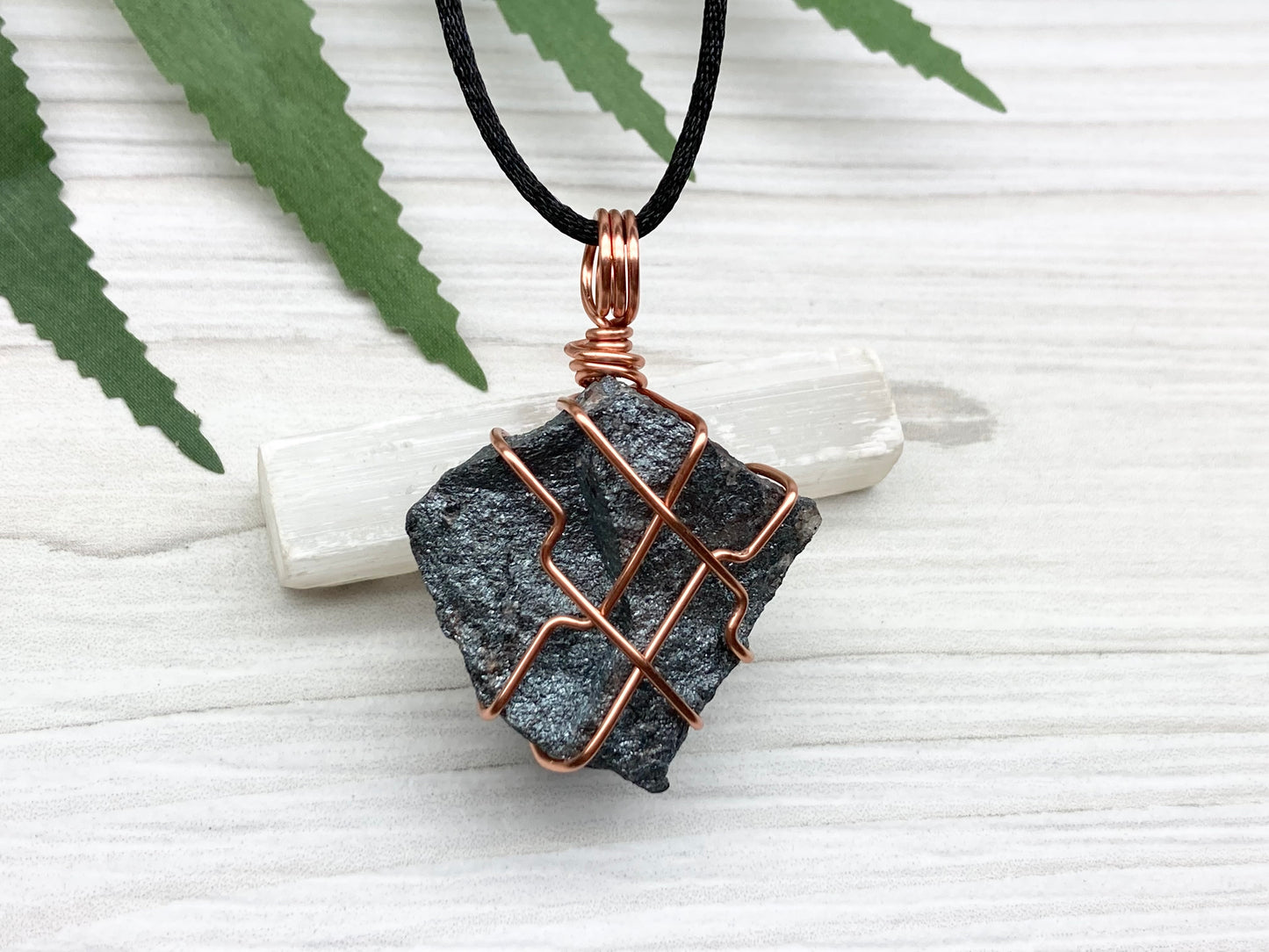 Raw Hematite Necklace. Gray Metallic Colored Stone Hand Wrapped With Pure Copper Wire. Comes On A Black Chain.  Spiritual Jewelry For Him Or Her. Capricorn Zodiac Gemstone.