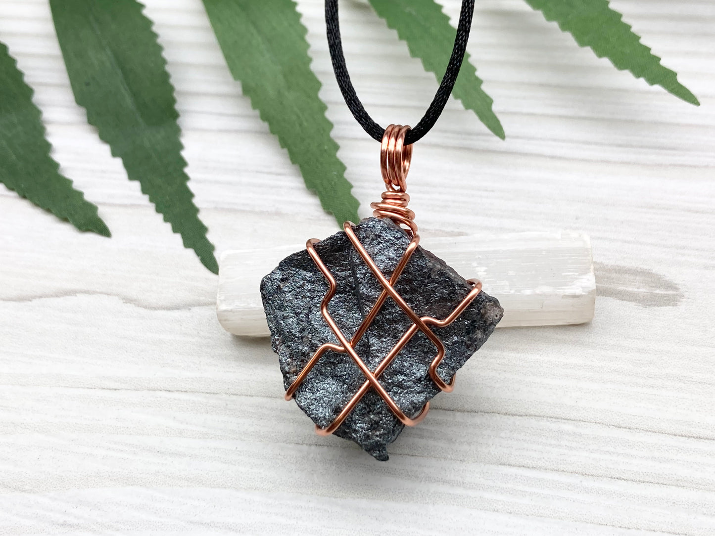 Raw Hematite Necklace. Gray Metallic Colored Stone Hand Wrapped With Pure Copper Wire. Comes On A Black Chain.  Spiritual Jewelry For Him Or Her. Capricorn Zodiac Gemstone.