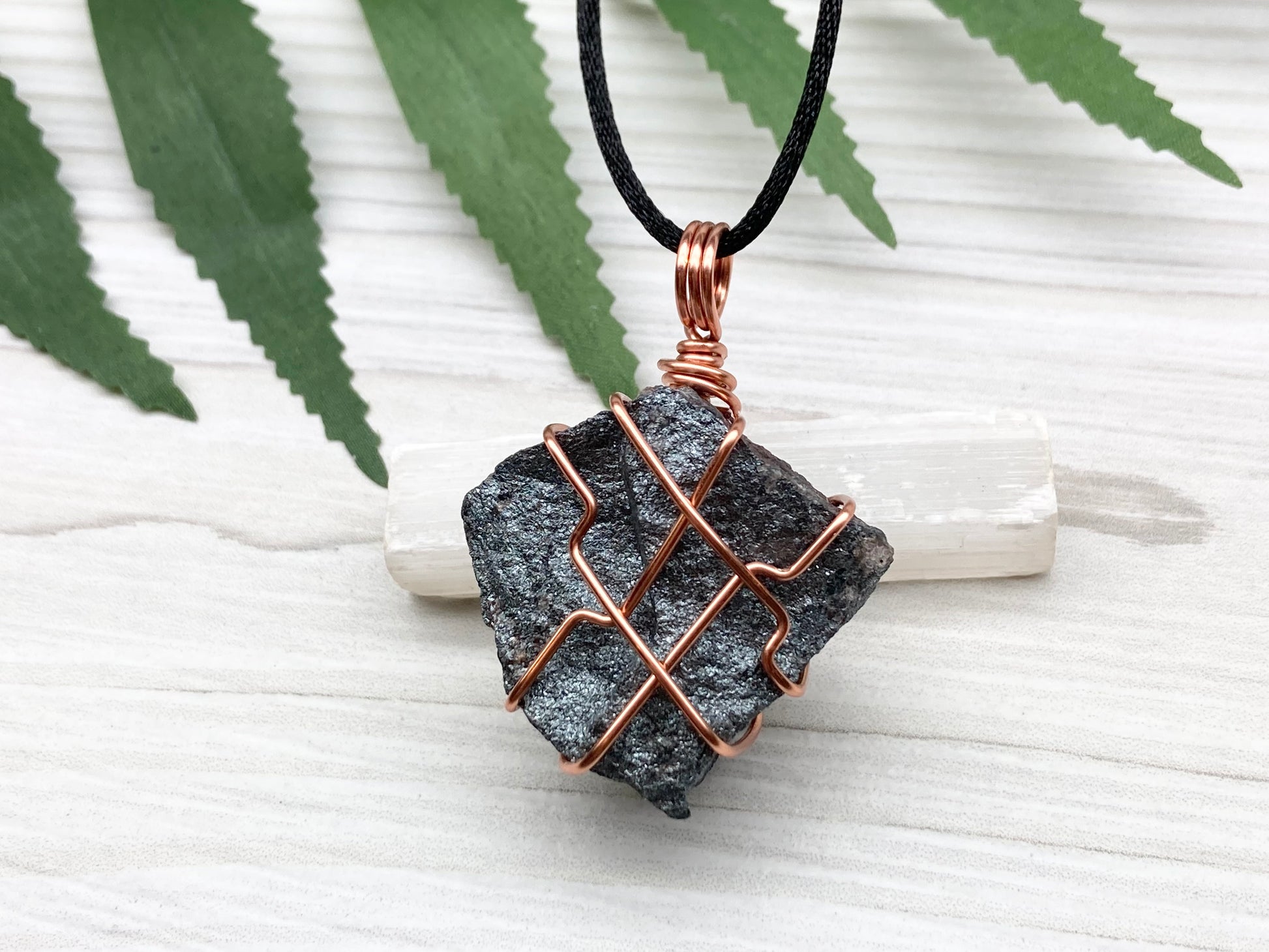 Raw Hematite Necklace. Gray Metallic Colored Stone Hand Wrapped With Pure Copper Wire. Comes On A Black Chain.  Spiritual Jewelry For Him Or Her. Capricorn Zodiac Gemstone.