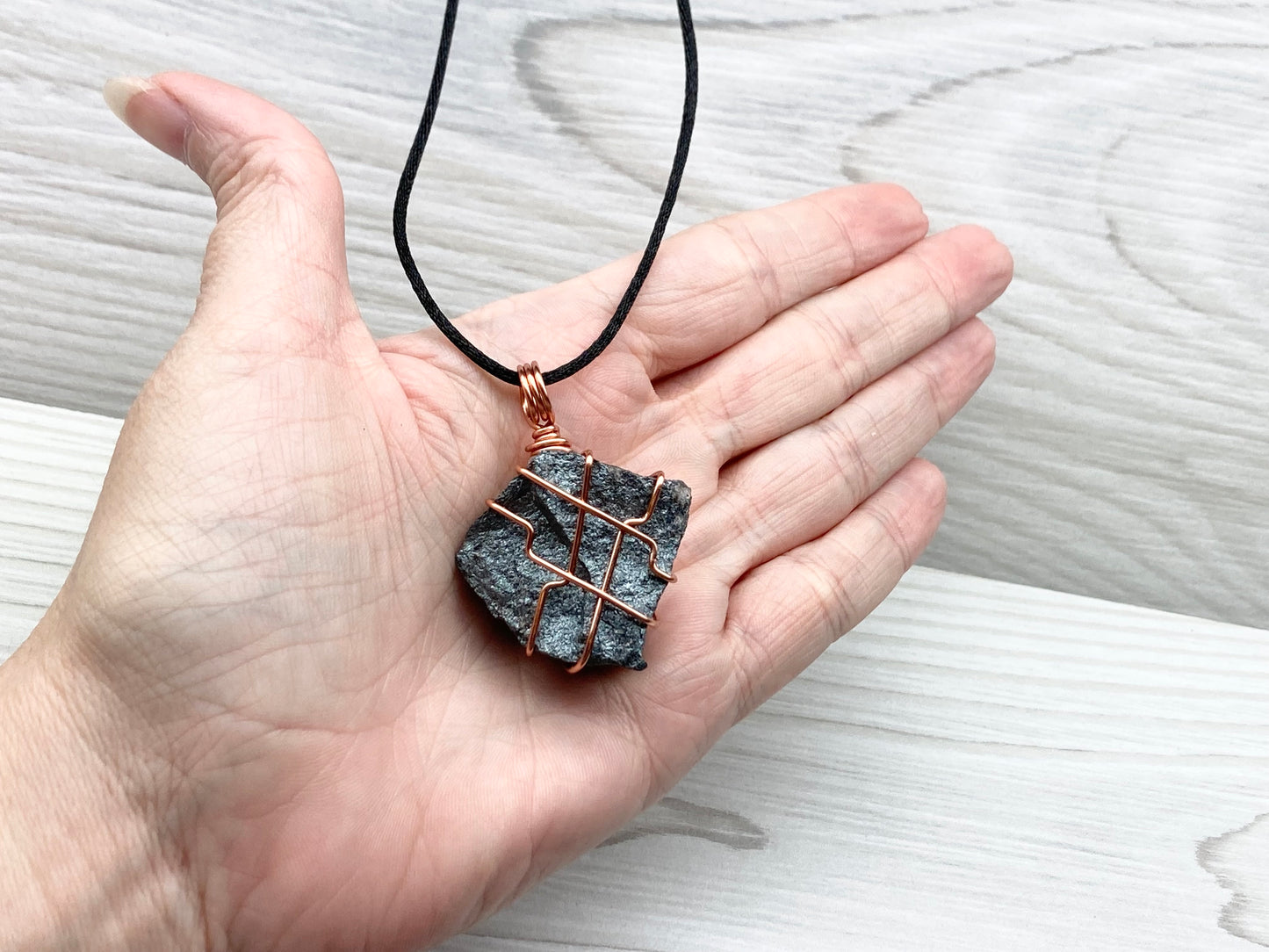 Raw Hematite Necklace. Gray Metallic Colored Stone Hand Wrapped With Pure Copper Wire. Comes On A Black Chain.  Spiritual Jewelry For Him Or Her. Capricorn Zodiac Gemstone.