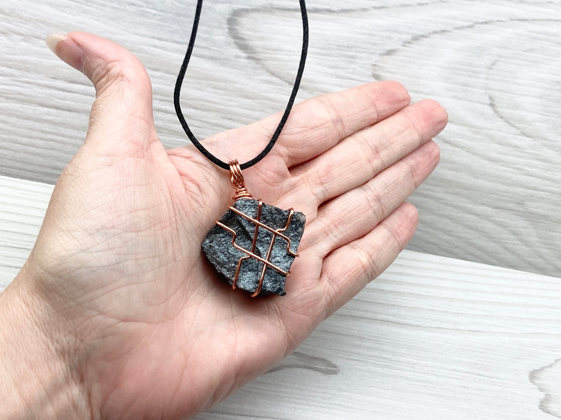 Raw Hematite Necklace. Gray Metallic Colored Stone Hand Wrapped With Pure Copper Wire. Comes On A Black Chain.  Spiritual Jewelry For Him Or Her. Capricorn Zodiac Gemstone.