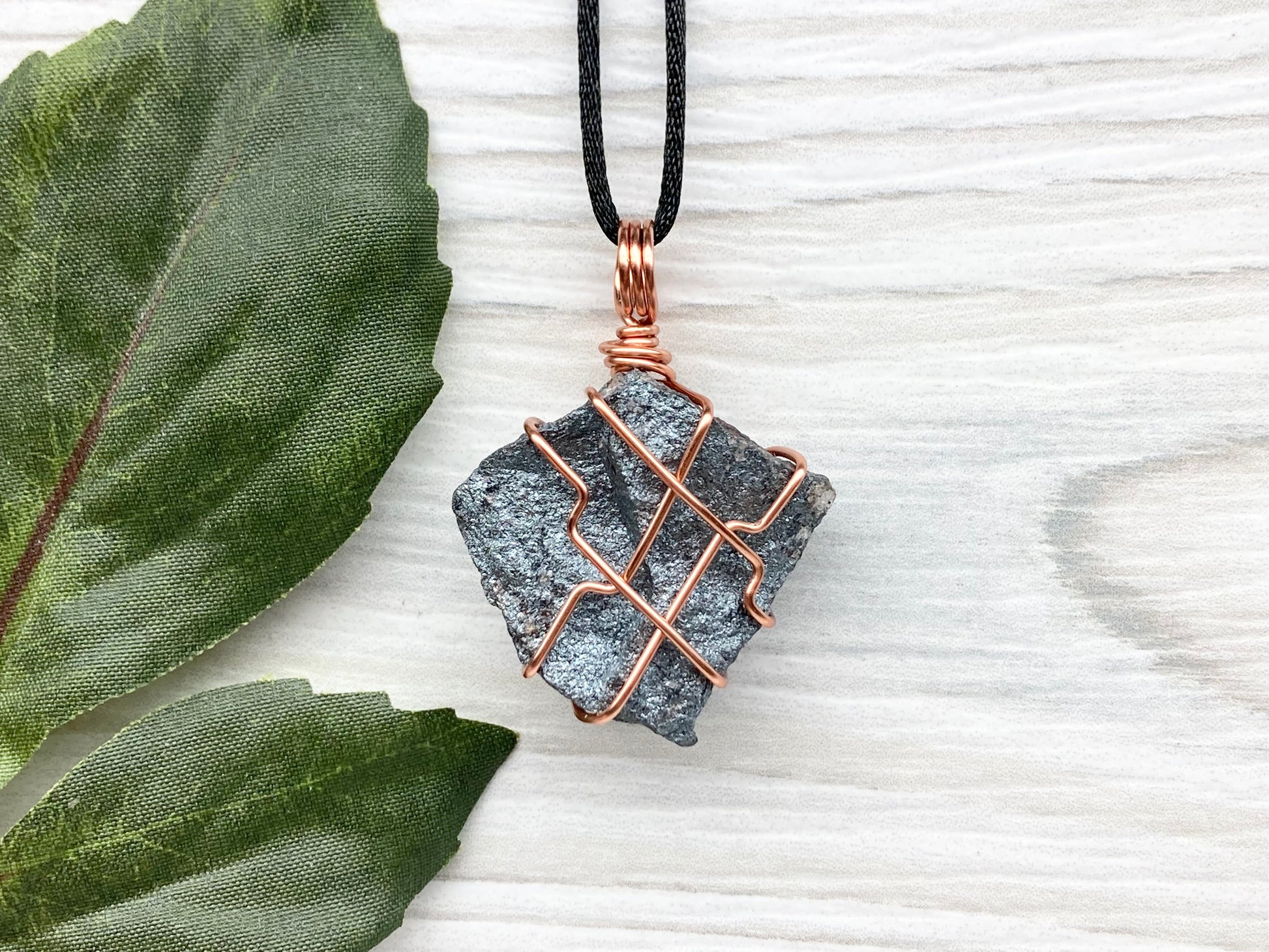 Raw Hematite Necklace. Gray Metallic Colored Stone Hand Wrapped With Pure Copper Wire. Comes On A Black Chain.  Spiritual Jewelry For Him Or Her. Capricorn Zodiac Gemstone.