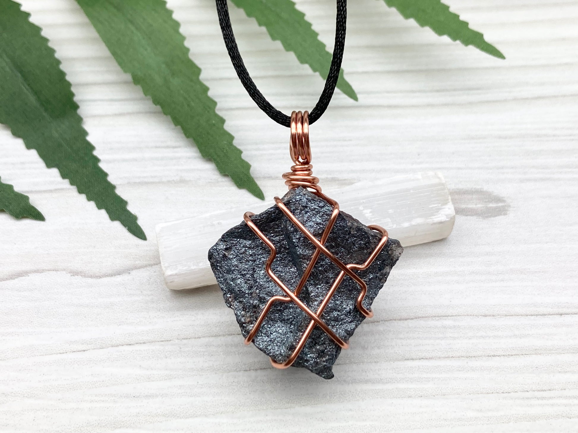 Raw Hematite Necklace. Gray Metallic Colored Stone Hand Wrapped With Pure Copper Wire. Comes On A Black Chain.  Spiritual Jewelry For Him Or Her. Capricorn Zodiac Gemstone.