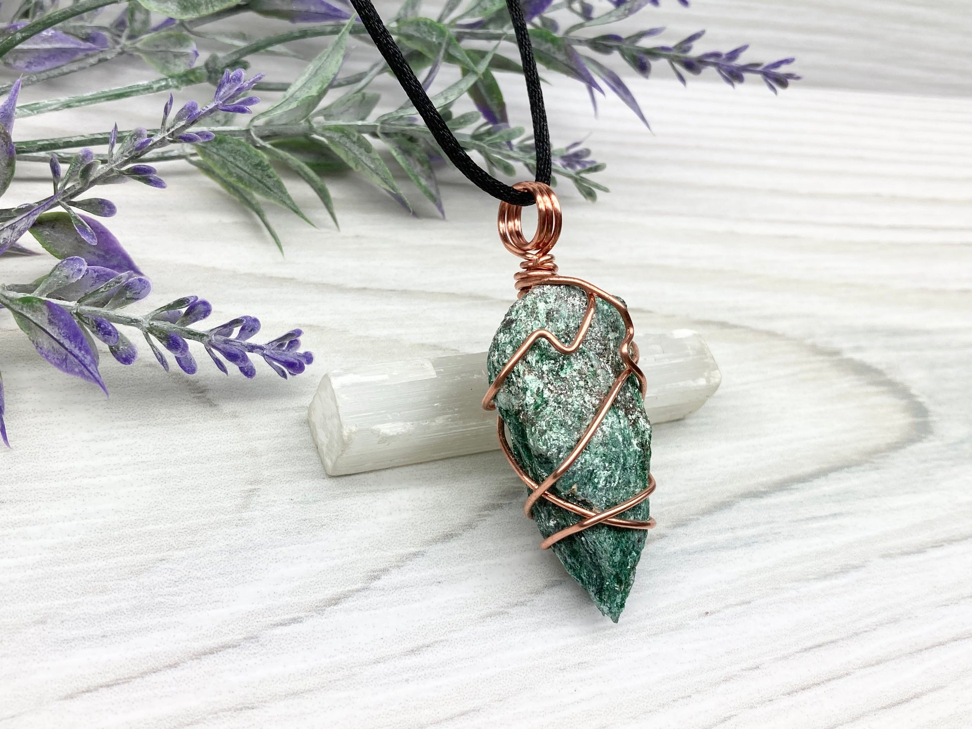 Raw Fuchsite Necklace. Copper Wire Wrapped Crystal Pendant. Shimmery Green Stone. Comes On A Black chain. Handmade New Age Jewelry.