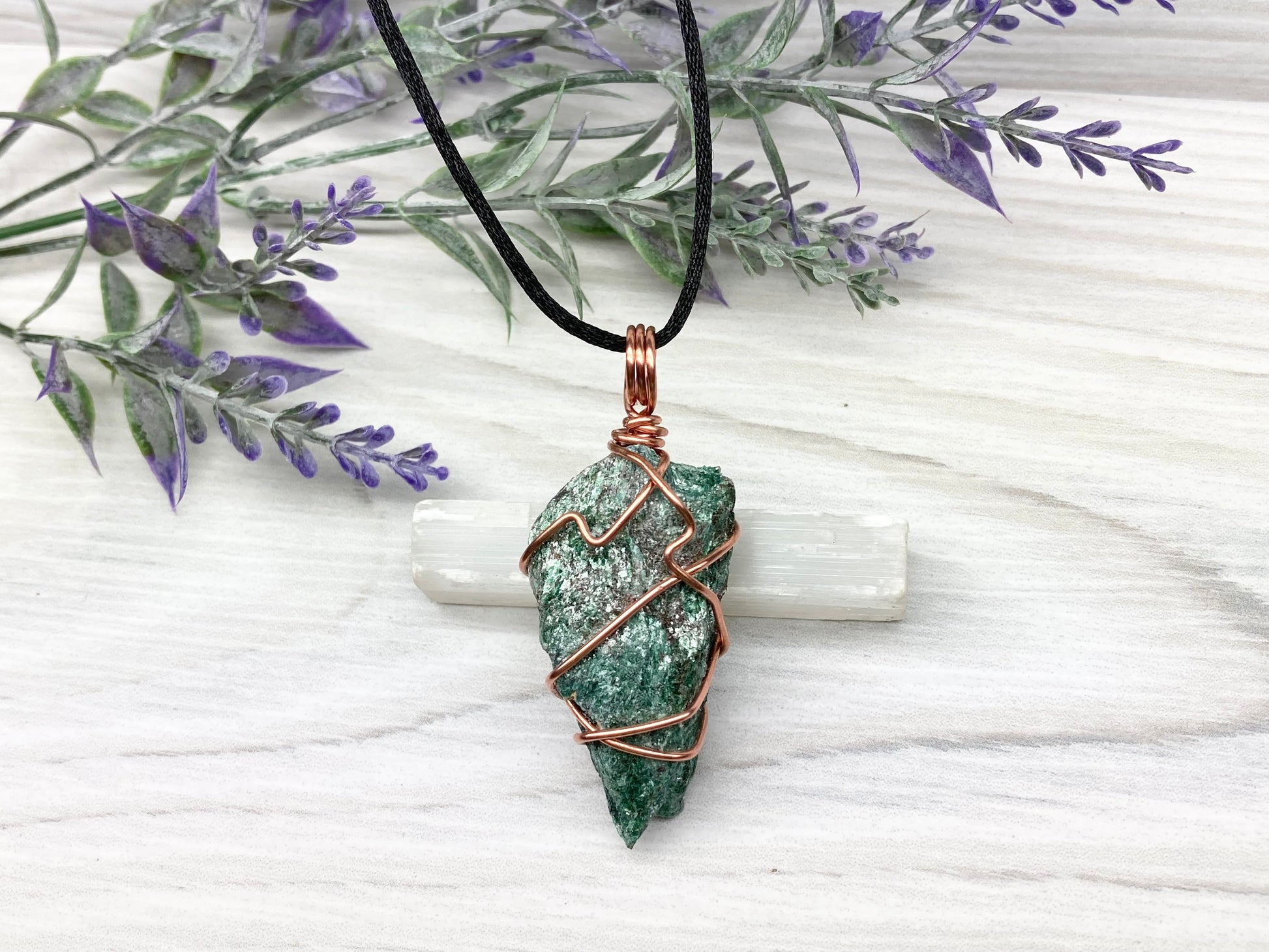 Raw Fuchsite Necklace. Copper Wire Wrapped Crystal Pendant. Shimmery Green Stone. Comes On A Black chain. Handmade New Age Jewelry.
