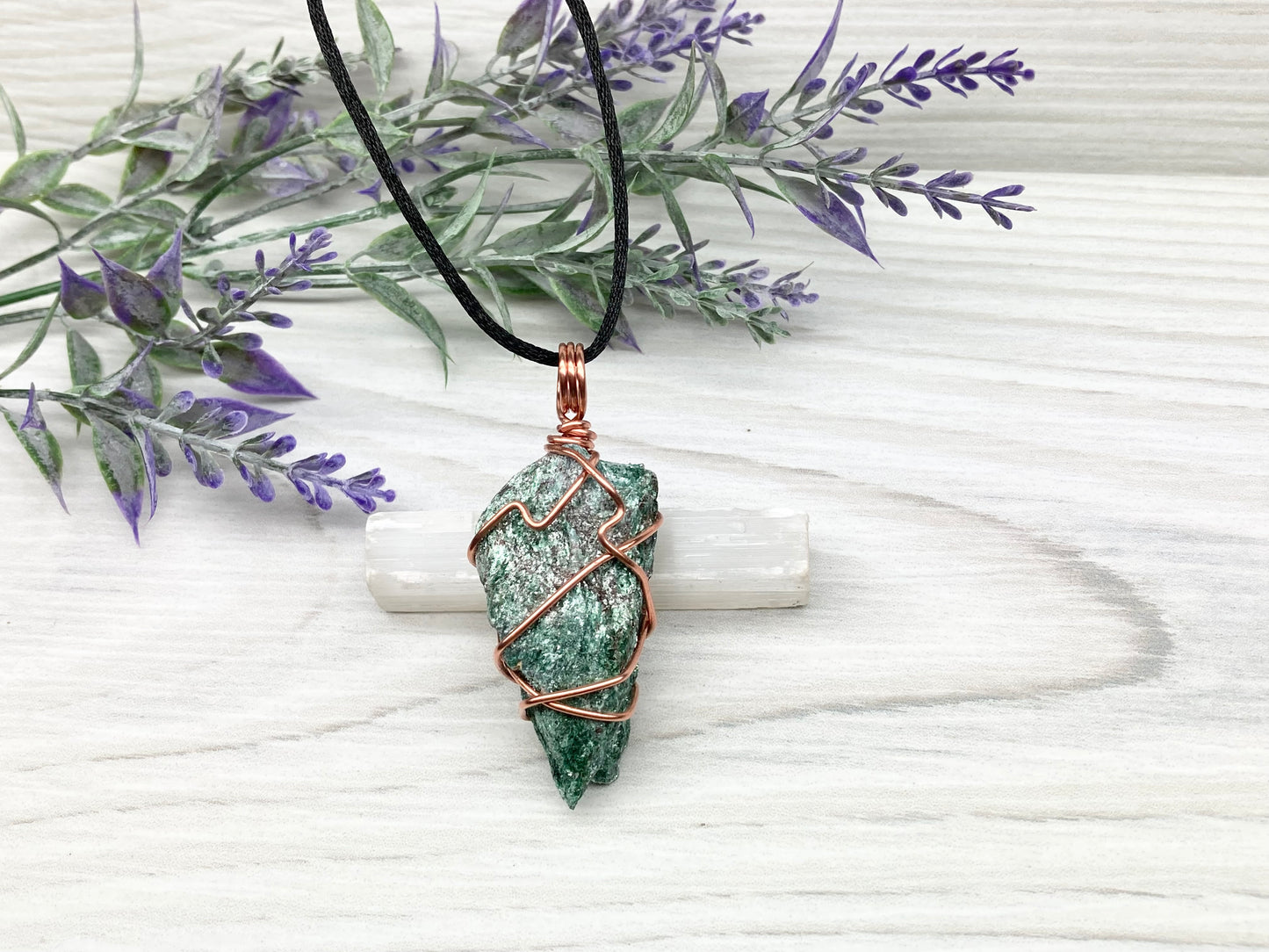 Raw Fuchsite Necklace. Copper Wire Wrapped Crystal Pendant. Shimmery Green Stone. Comes On A Black chain. Handmade New Age Jewelry.