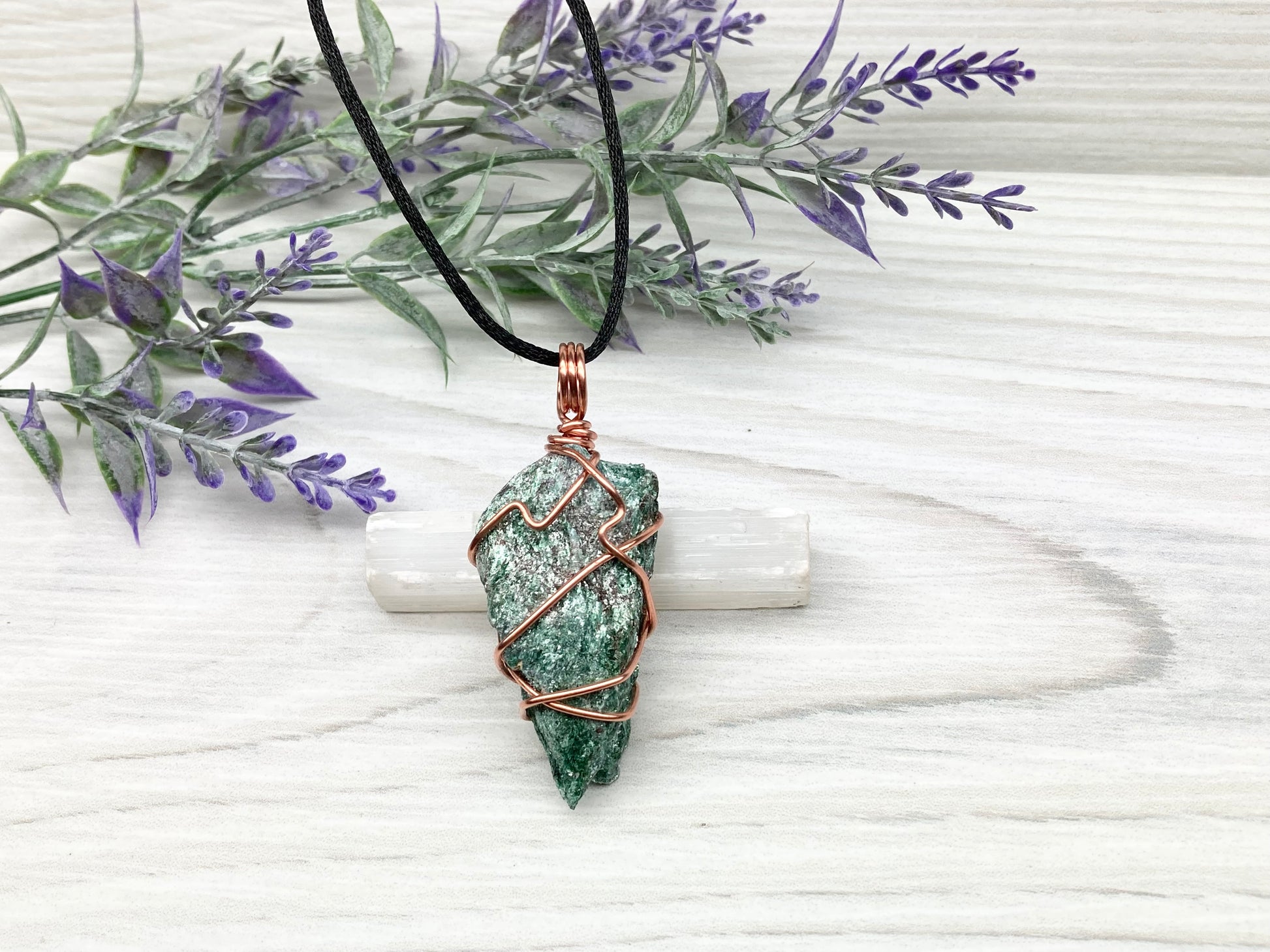 Raw Fuchsite Necklace. Copper Wire Wrapped Crystal Pendant. Shimmery Green Stone. Comes On A Black chain. Handmade New Age Jewelry.