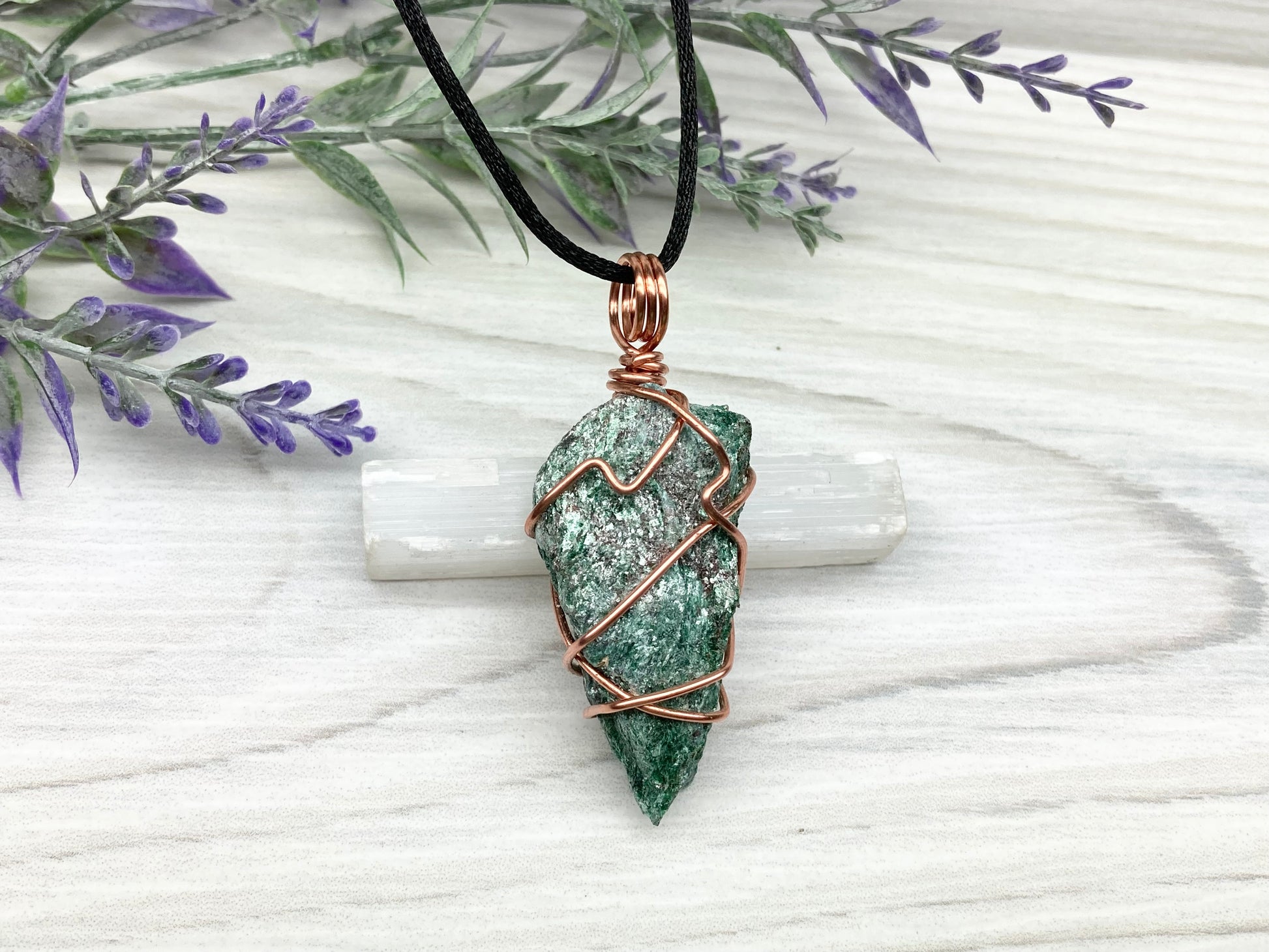 Raw Fuchsite Necklace. Copper Wire Wrapped Crystal Pendant. Shimmery Green Stone. Comes On A Black chain. Handmade New Age Jewelry.