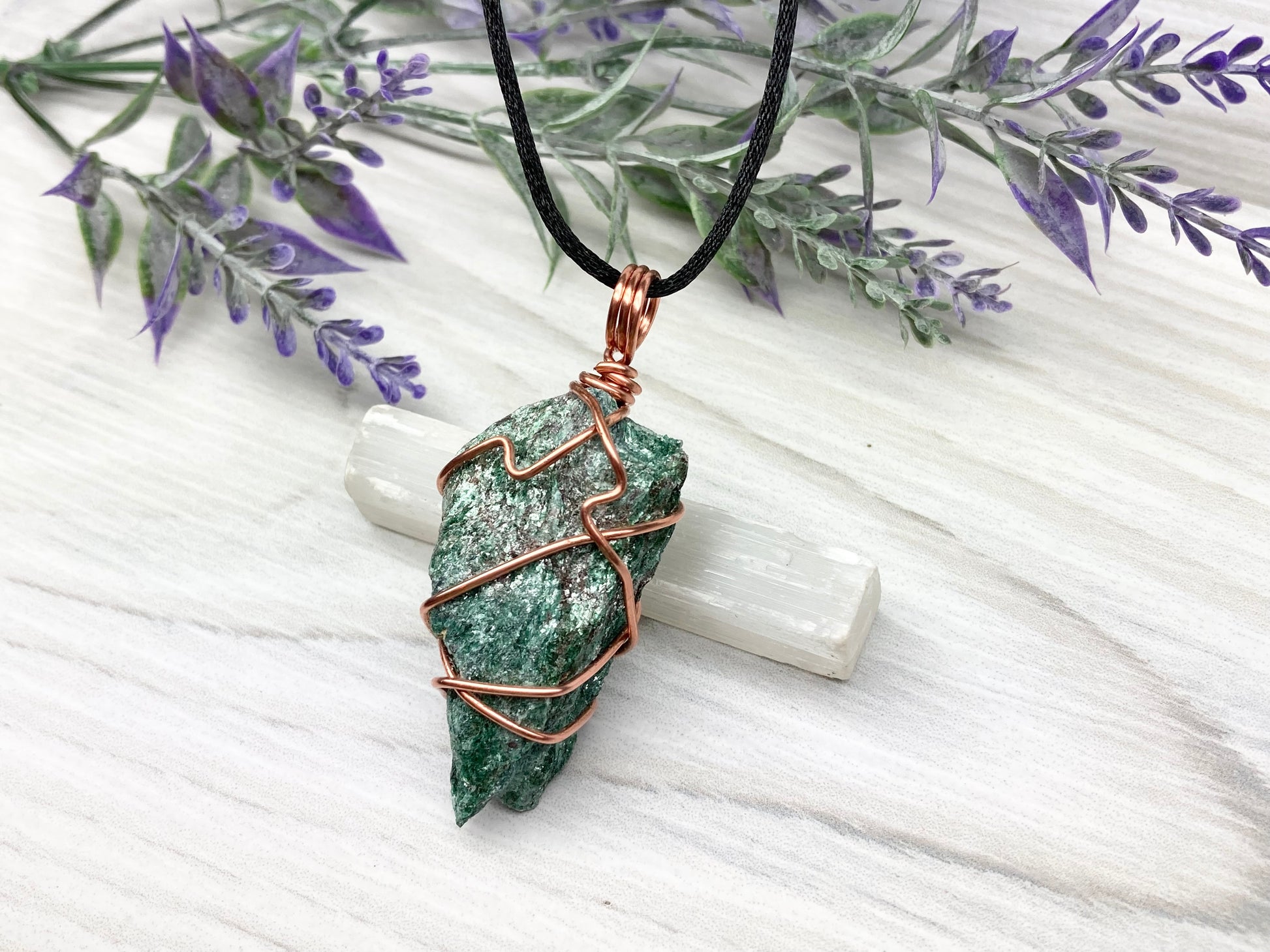 Raw Fuchsite Necklace. Copper Wire Wrapped Crystal Pendant. Shimmery Green Stone. Comes On A Black chain. Handmade New Age Jewelry.
