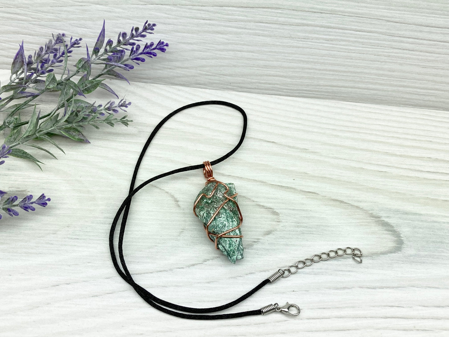 Raw Fuchsite Necklace. Copper Wire Wrapped Crystal Pendant. Shimmery Green Stone. Comes On A Black chain. Handmade New Age Jewelry.