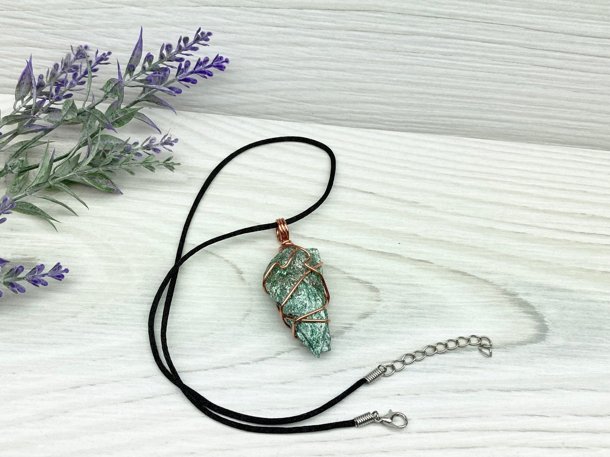 Raw Fuchsite Necklace. Copper Wire Wrapped Crystal Pendant. Shimmery Green Stone. Comes On A Black chain. Handmade New Age Jewelry.