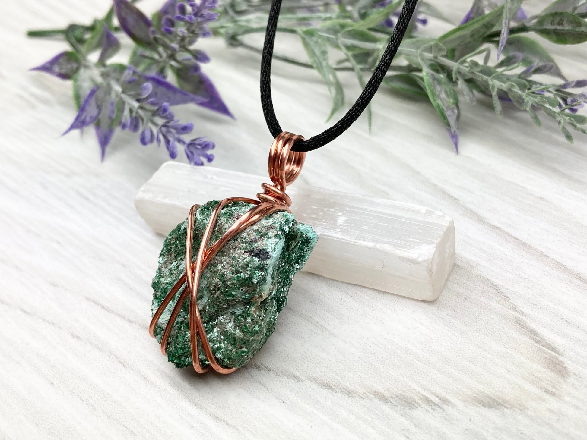 Natural Fuchsite Necklace. Copper Wire Wrapped Raw Crystal Pendant. Shimmery Green Stone. Comes On A Black chain. Handmade Metaphysical Jewelry.