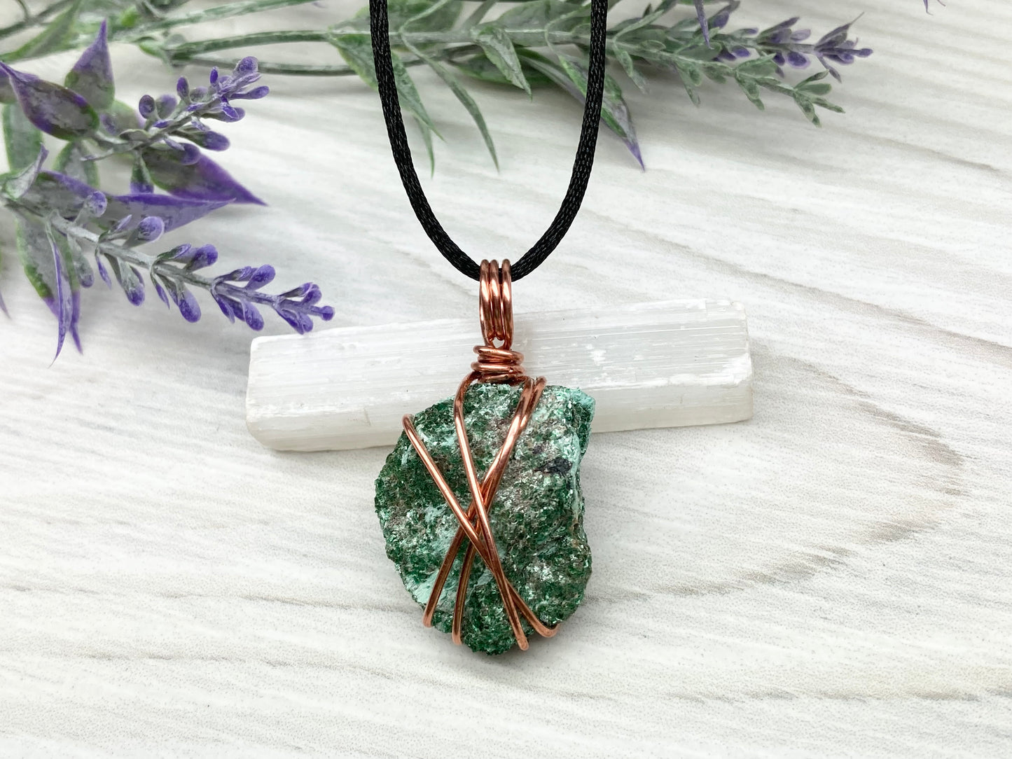 Natural Fuchsite Necklace. Copper Wire Wrapped Raw Crystal Pendant. Shimmery Green Stone. Comes On A Black chain. Handmade Metaphysical Jewelry.