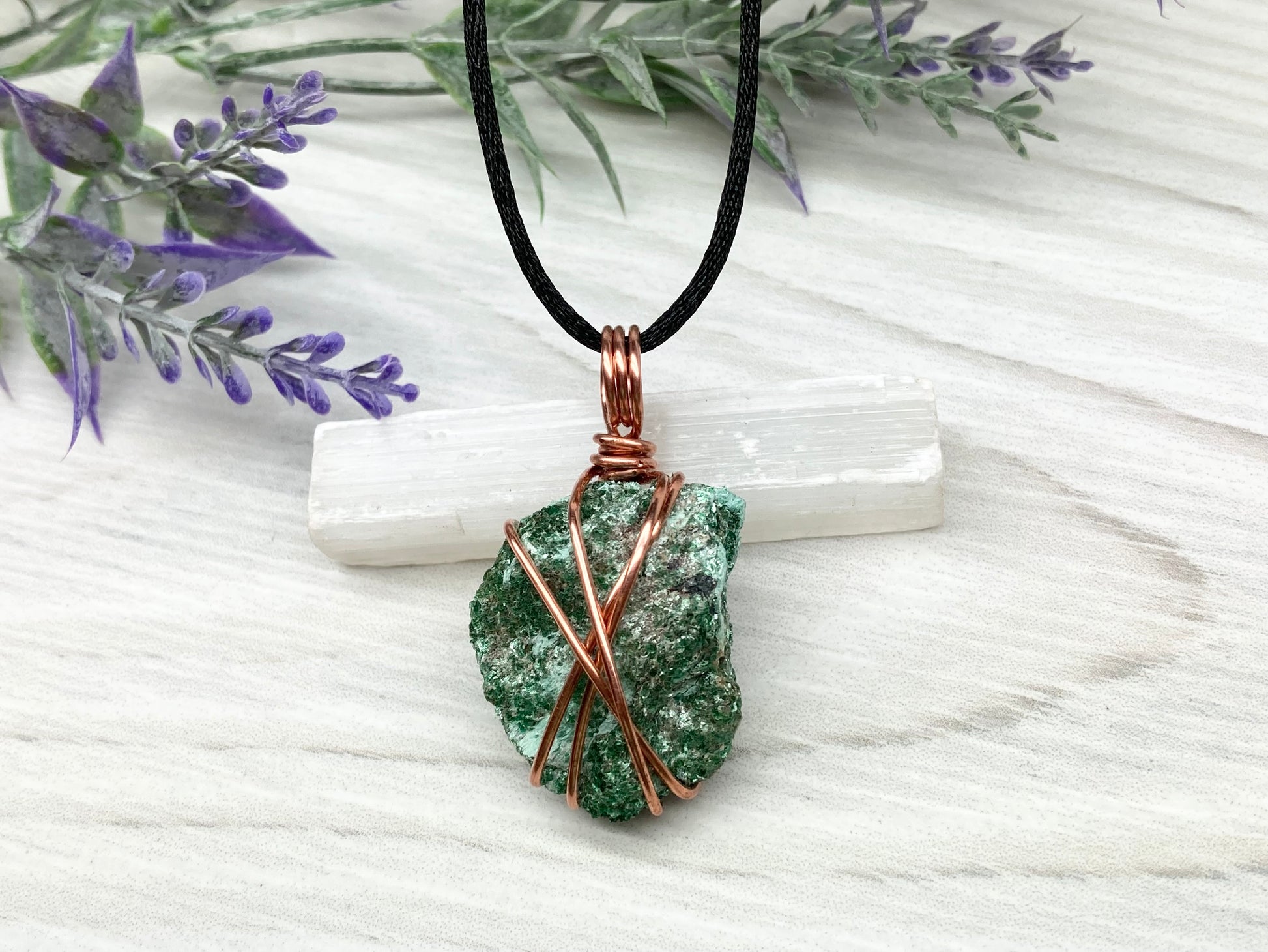 Natural Fuchsite Necklace. Copper Wire Wrapped Raw Crystal Pendant. Shimmery Green Stone. Comes On A Black chain. Handmade Metaphysical Jewelry.