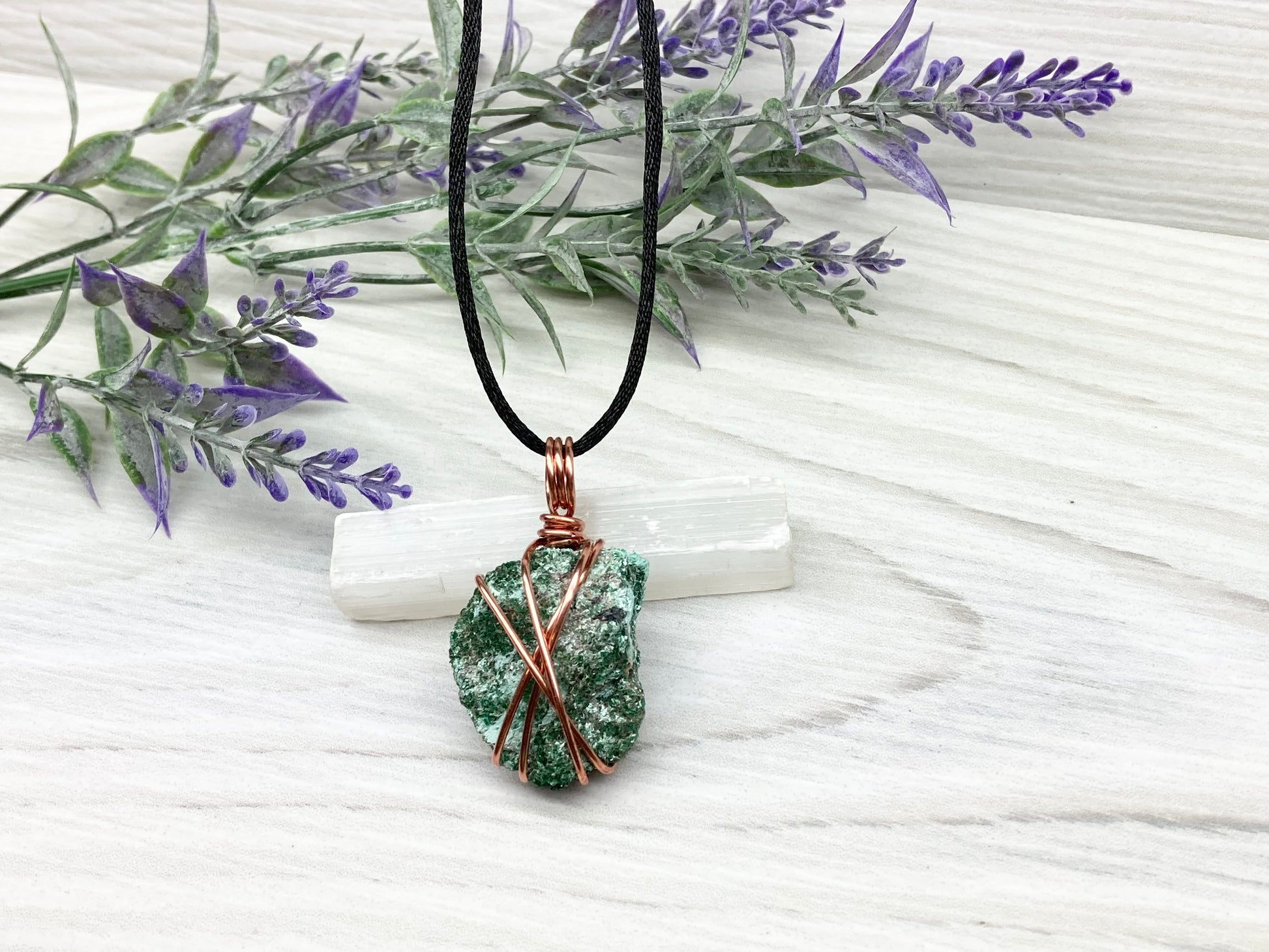 Natural Fuchsite Necklace. Copper Wire Wrapped Raw Crystal Pendant. Shimmery Green Stone. Comes On A Black chain. Handmade Metaphysical Jewelry.