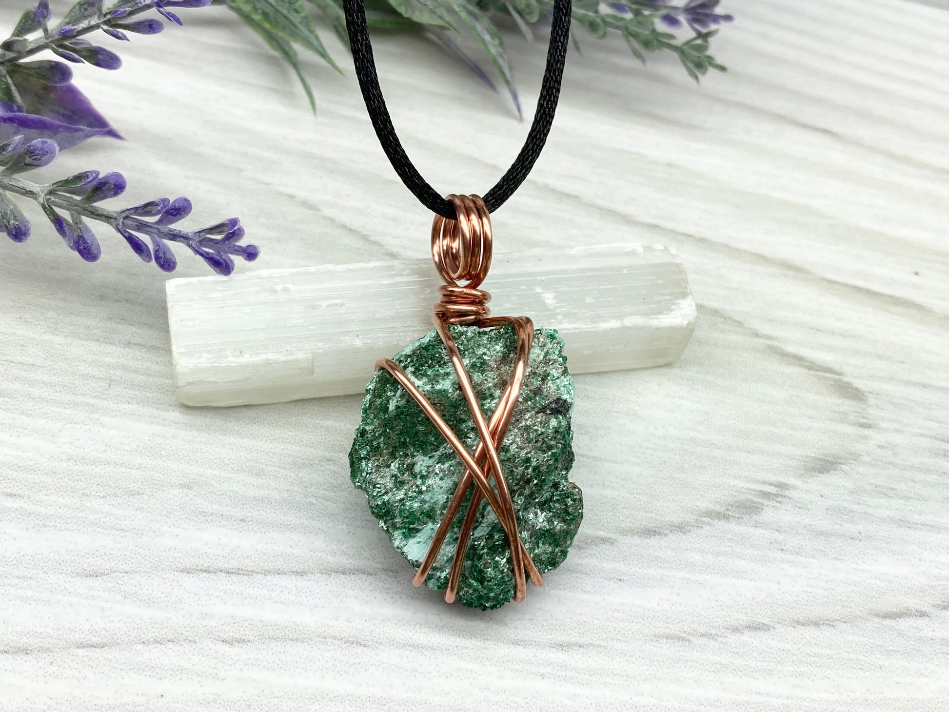 Natural Fuchsite Necklace. Copper Wire Wrapped Raw Crystal Pendant. Shimmery Green Stone. Comes On A Black chain. Handmade Metaphysical Jewelry.