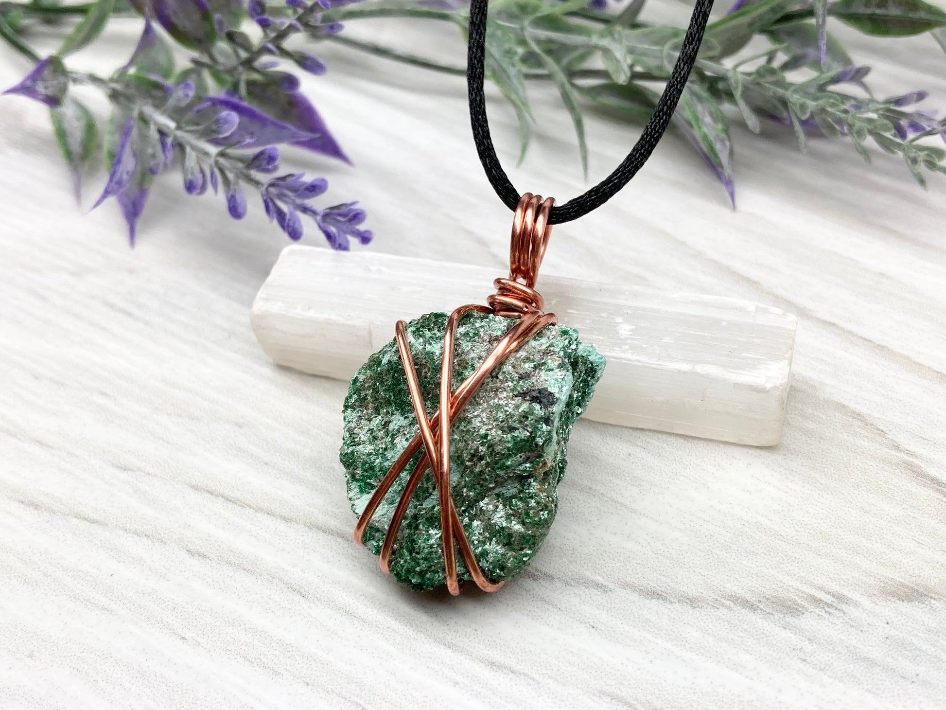 Natural Fuchsite Necklace. Copper Wire Wrapped Raw Crystal Pendant. Shimmery Green Stone. Comes On A Black chain. Handmade Metaphysical Jewelry.