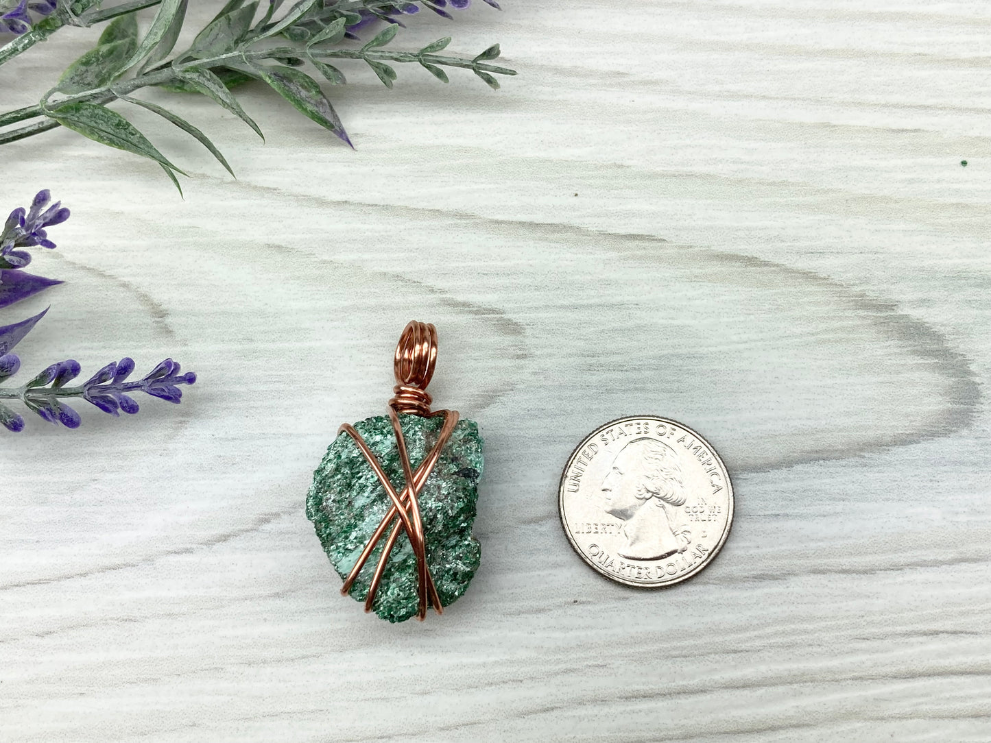 Natural Fuchsite Necklace. Copper Wire Wrapped Raw Crystal Pendant. Shimmery Green Stone. Comes On A Black chain. Handmade Metaphysical Jewelry.