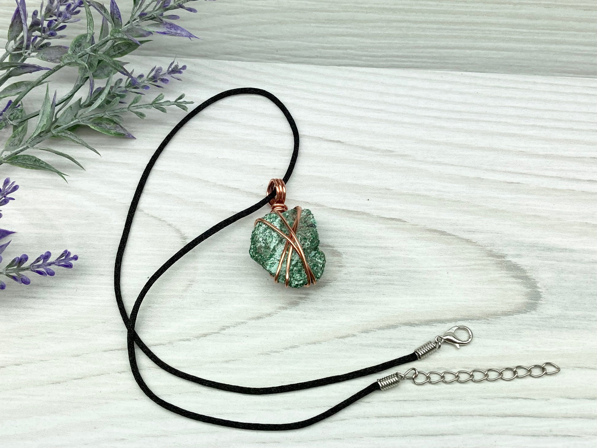 Natural Fuchsite Necklace. Copper Wire Wrapped Raw Crystal Pendant. Shimmery Green Stone. Comes On A Black chain. Handmade Metaphysical Jewelry.