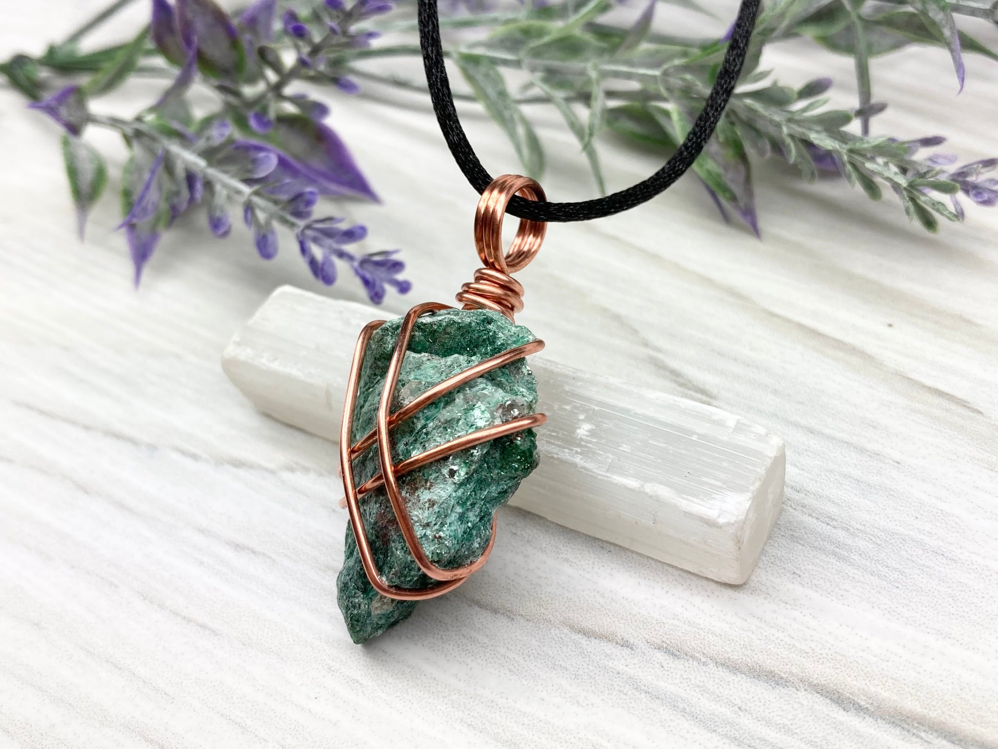 Raw Fuchsite Necklace. Copper Wire Wrapped Green Crystal Pendant. Rough Natural Gemstone. Comes On A Black Chain. Handmade Spiritual Jewelry.