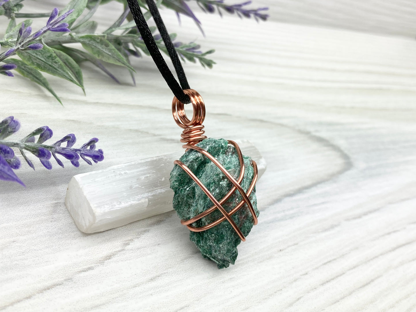 Raw Fuchsite Necklace. Copper Wire Wrapped Green Crystal Pendant. Rough Natural Gemstone. Comes On A Black Chain. Handmade Spiritual Jewelry.