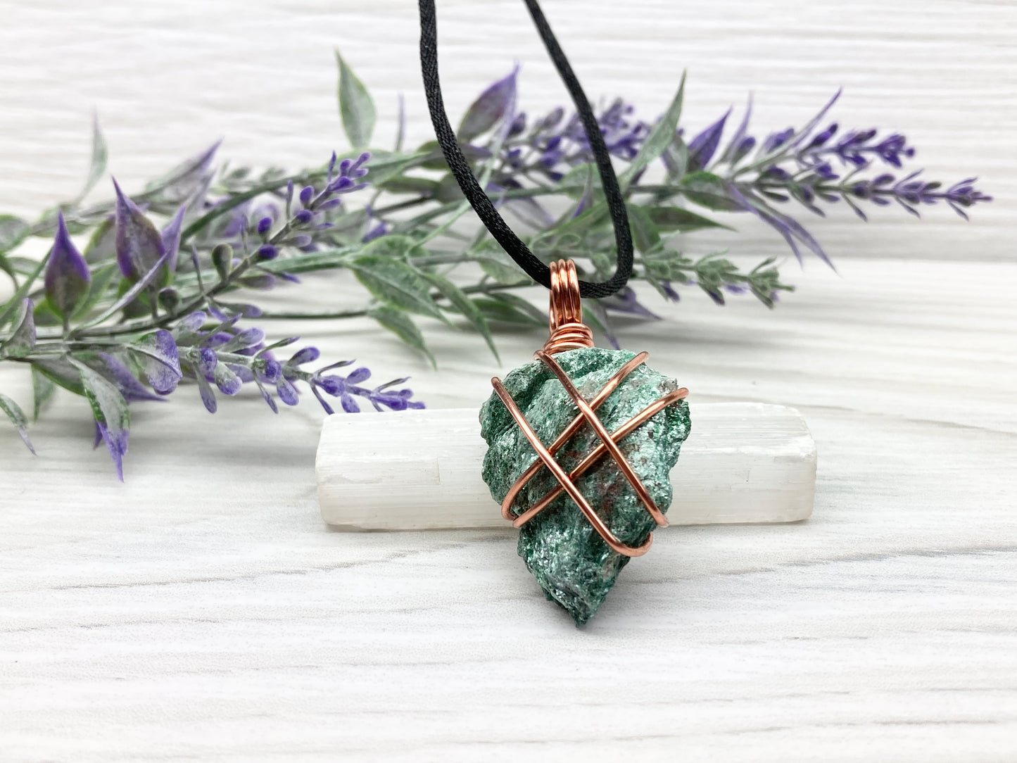 Raw Fuchsite Necklace. Copper Wire Wrapped Green Crystal Pendant. Rough Natural Gemstone. Comes On A Black Chain. Handmade Spiritual Jewelry.