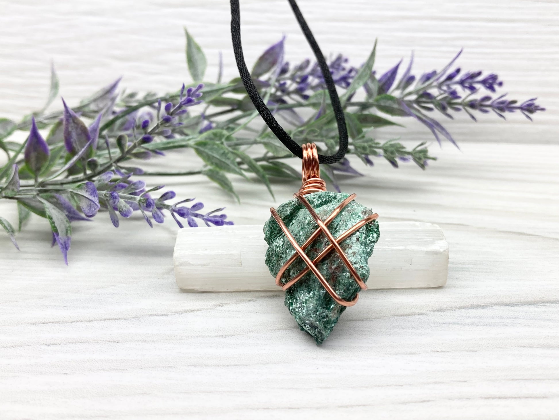 Raw Fuchsite Necklace. Copper Wire Wrapped Green Crystal Pendant. Rough Natural Gemstone. Comes On A Black Chain. Handmade Spiritual Jewelry.