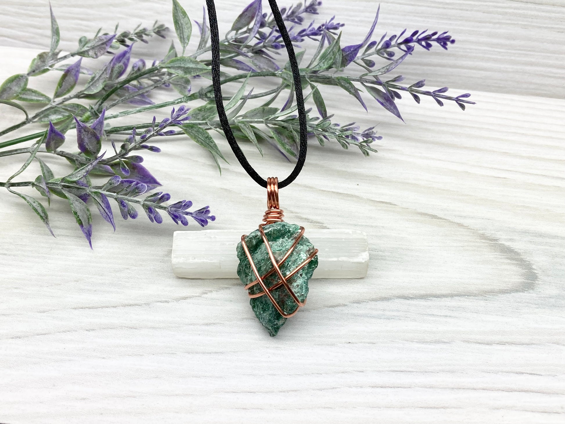 Raw Fuchsite Necklace. Copper Wire Wrapped Green Crystal Pendant. Rough Natural Gemstone. Comes On A Black Chain. Handmade Spiritual Jewelry.