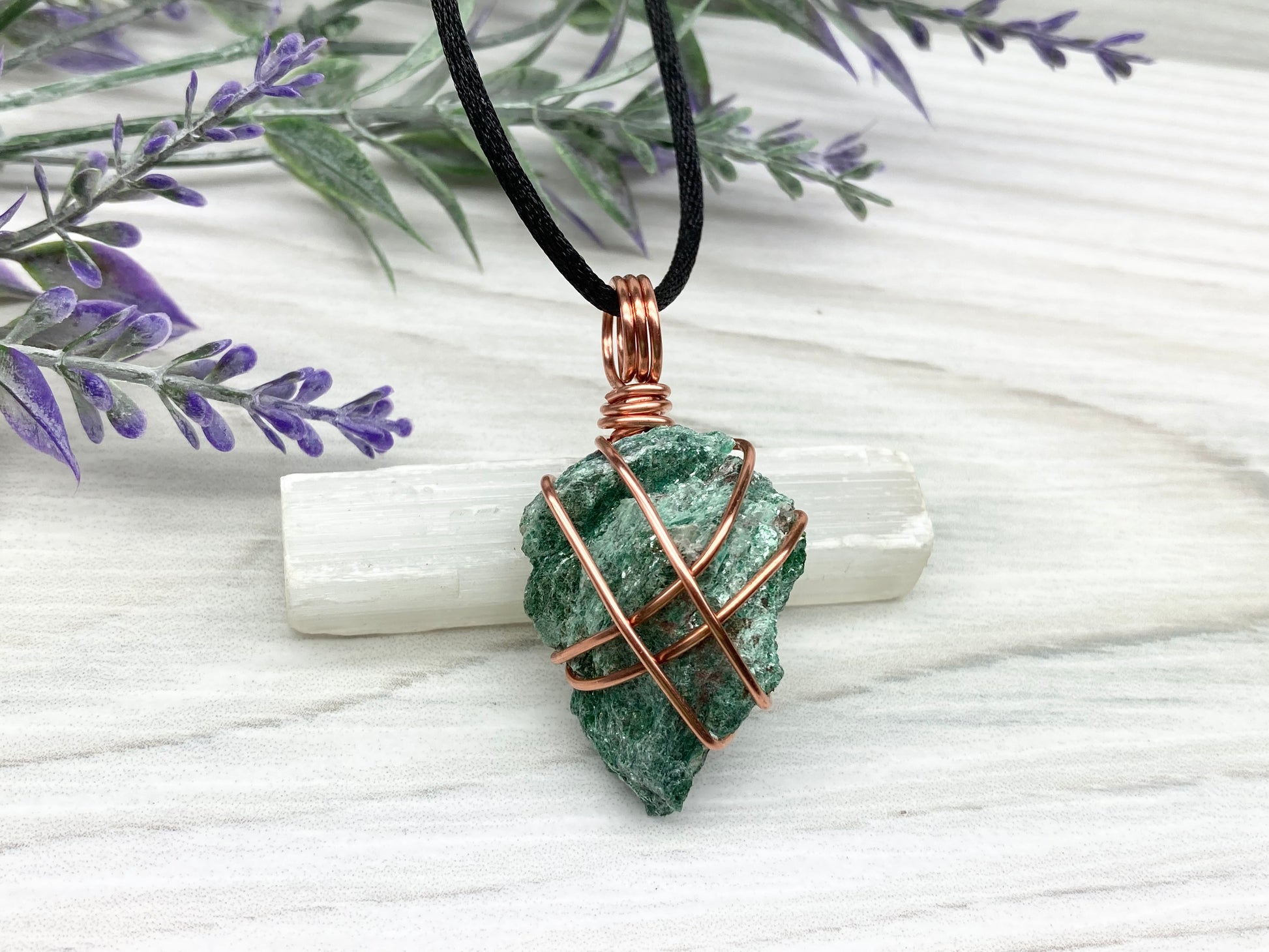 Raw Fuchsite Necklace. Copper Wire Wrapped Green Crystal Pendant. Rough Natural Gemstone. Comes On A Black Chain. Handmade Spiritual Jewelry.