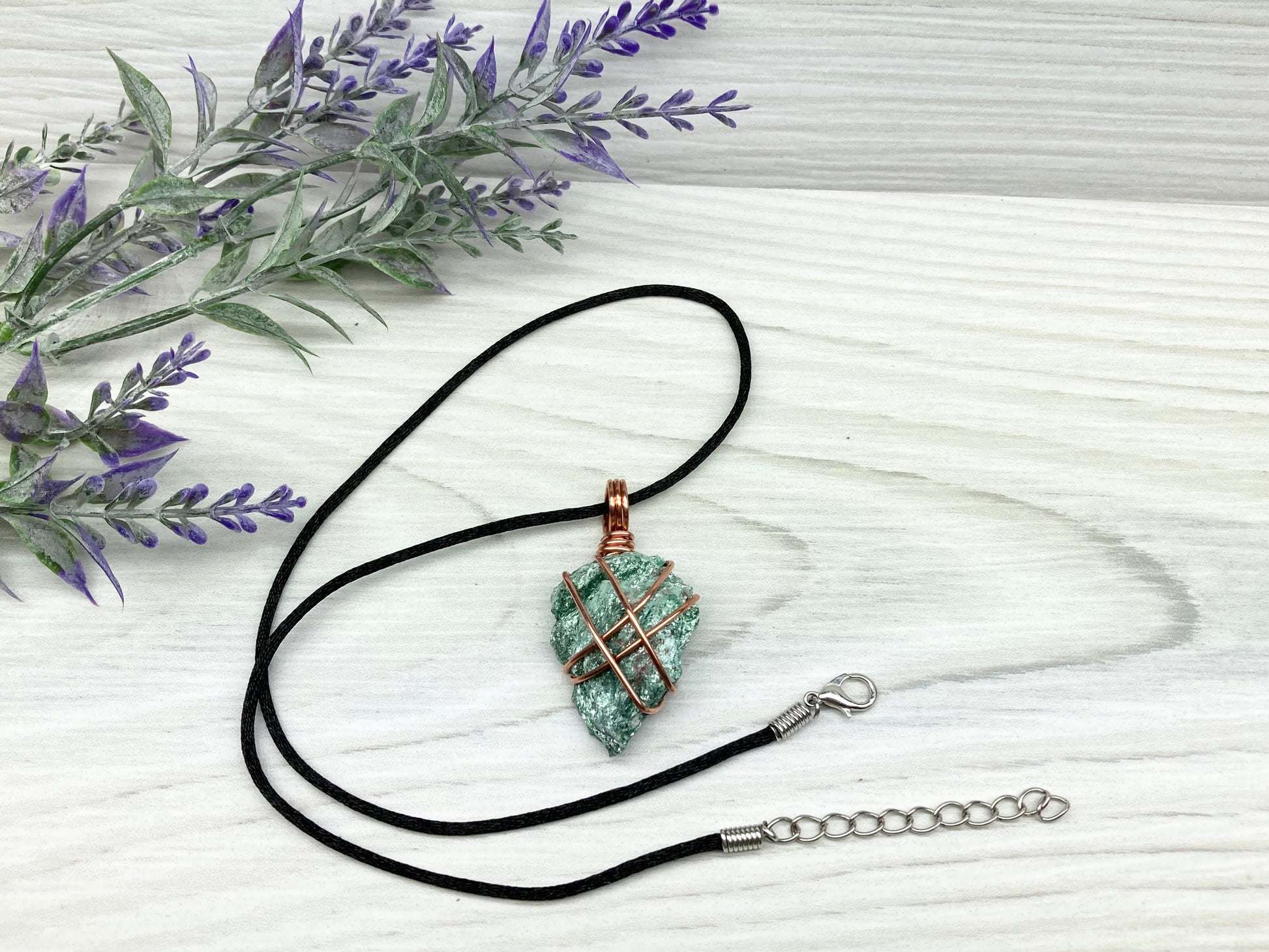 Raw Fuchsite Necklace. Copper Wire Wrapped Green Crystal Pendant. Rough Natural Gemstone. Comes On A Black Chain. Handmade Spiritual Jewelry.