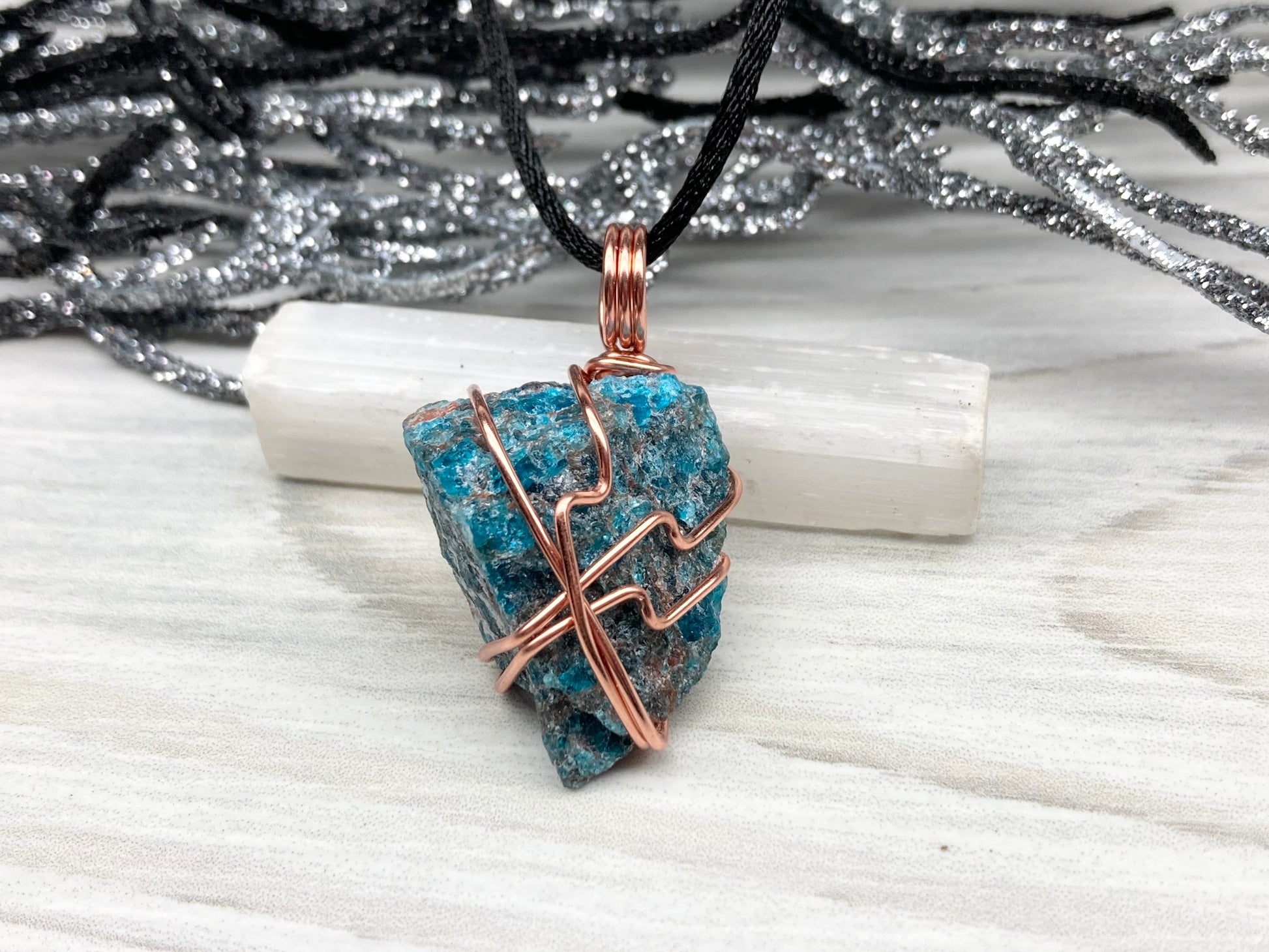 Blue Calcite Necklace, Copper Wrapped Raw Crystal Pendant – solsticewaves