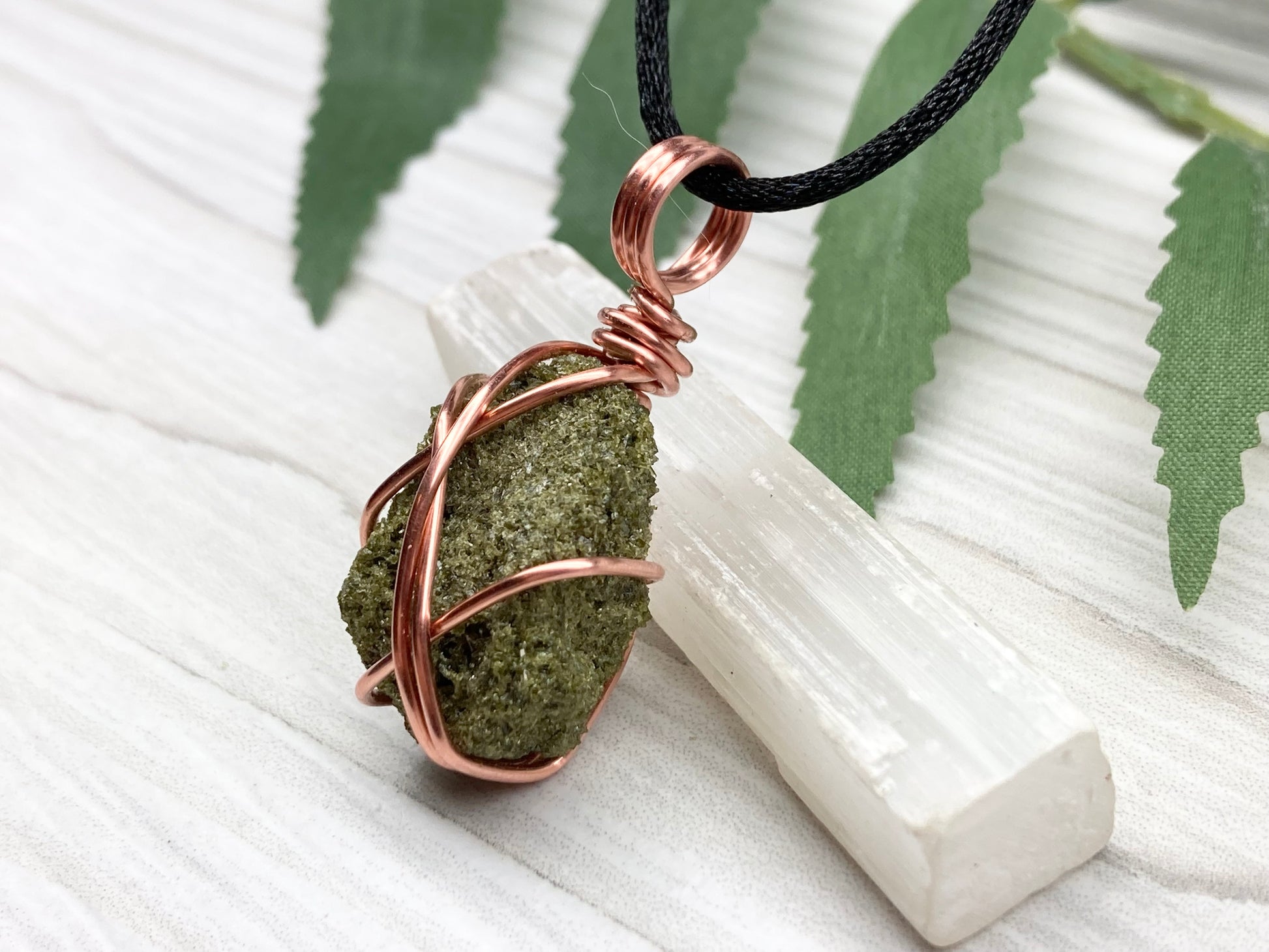 Raw Epidote Necklace. Copper Wire Wrapped Green Crystal Pendant. Comes On A Black Necklace. Handmade Spiritual Jewelry.