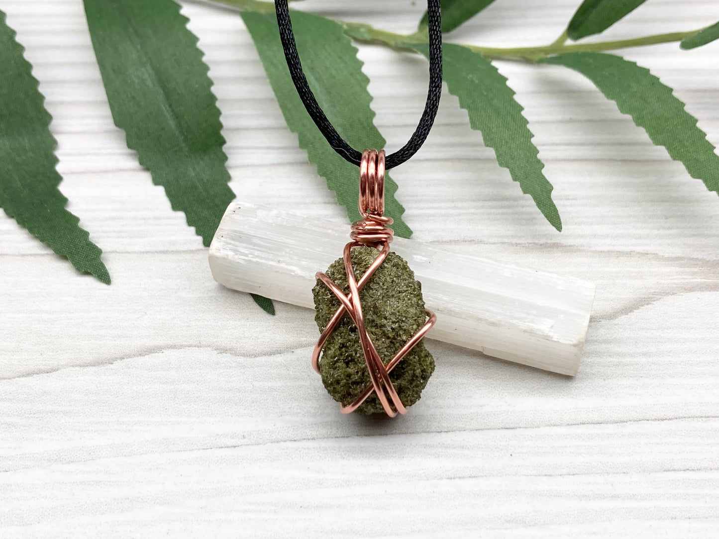 Raw Epidote Necklace. Copper Wire Wrapped Green Crystal Pendant. Comes On A Black Necklace. Handmade Spiritual Jewelry.