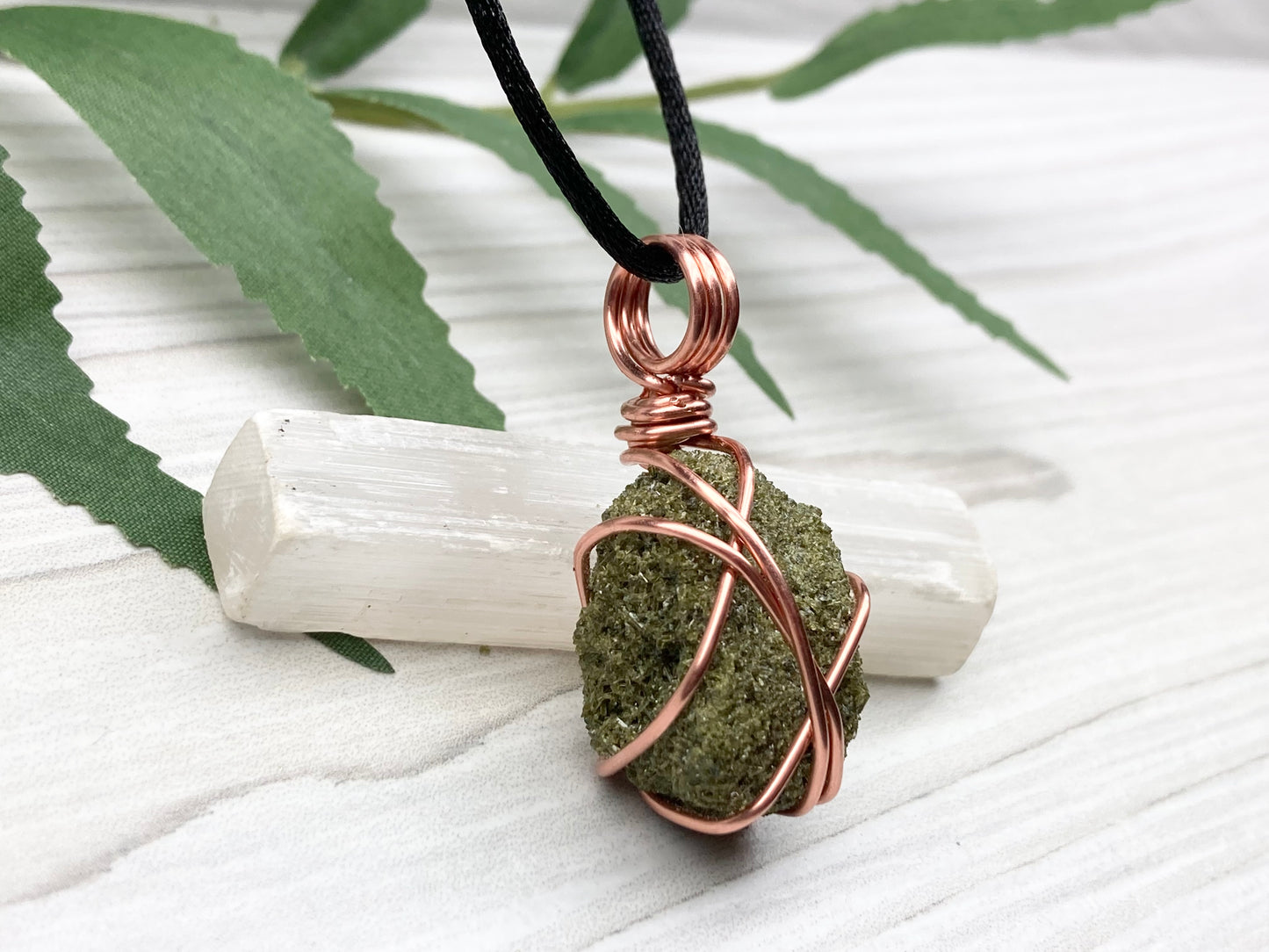 Raw Epidote Necklace. Copper Wire Wrapped Green Crystal Pendant. Comes On A Black Necklace. Handmade Spiritual Jewelry.