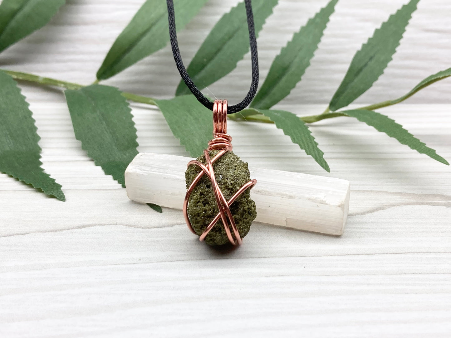 Raw Epidote Necklace. Copper Wire Wrapped Green Crystal Pendant. Comes On A Black Necklace. Handmade Spiritual Jewelry.