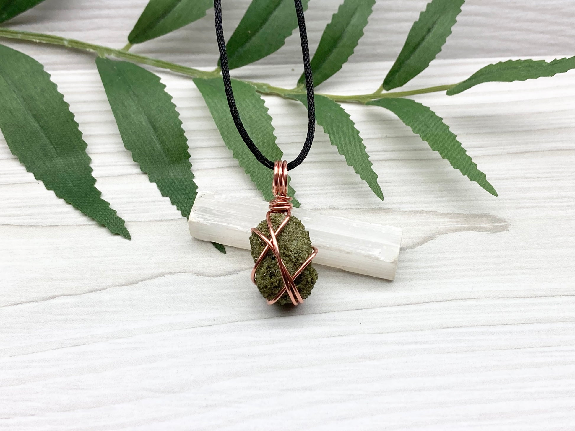 Raw Epidote Necklace. Copper Wire Wrapped Green Crystal Pendant. Comes On A Black Necklace. Handmade Spiritual Jewelry.