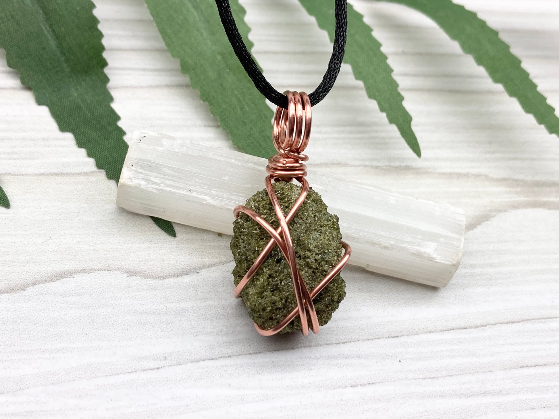 Raw Epidote Necklace. Copper Wire Wrapped Green Crystal Pendant. Comes On A Black Necklace. Handmade Spiritual Jewelry.