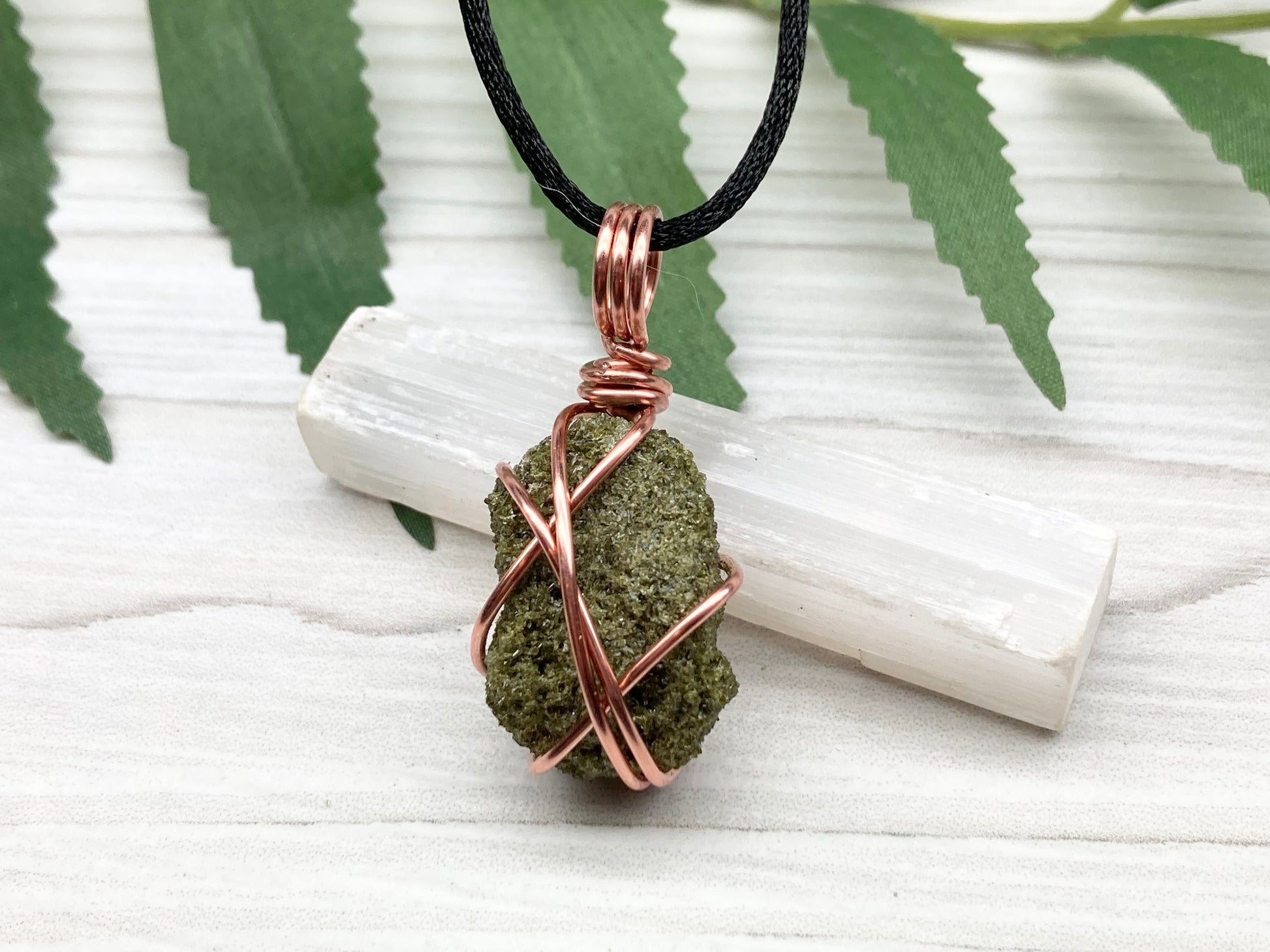 Raw Epidote Necklace. Copper Wire Wrapped Green Crystal Pendant. Comes On A Black Necklace. Handmade Spiritual Jewelry.