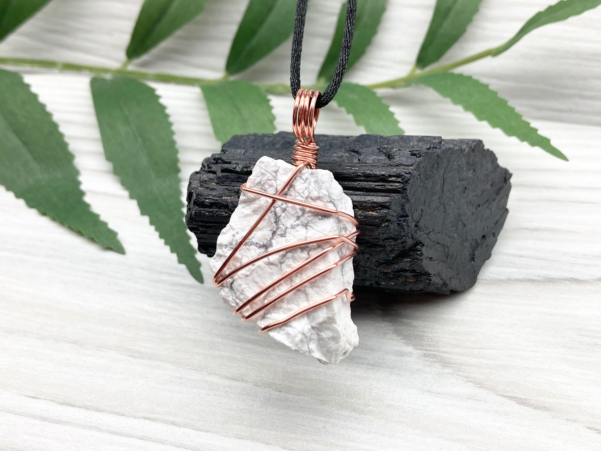 Raw Natural Howlite Necklace. White Crystal With Gray Marble Wrapped With Pure Copper Wire. Comes On A Black Chain. Metaphysical Boho Style Jewelry. Gemini Stone Pendant.