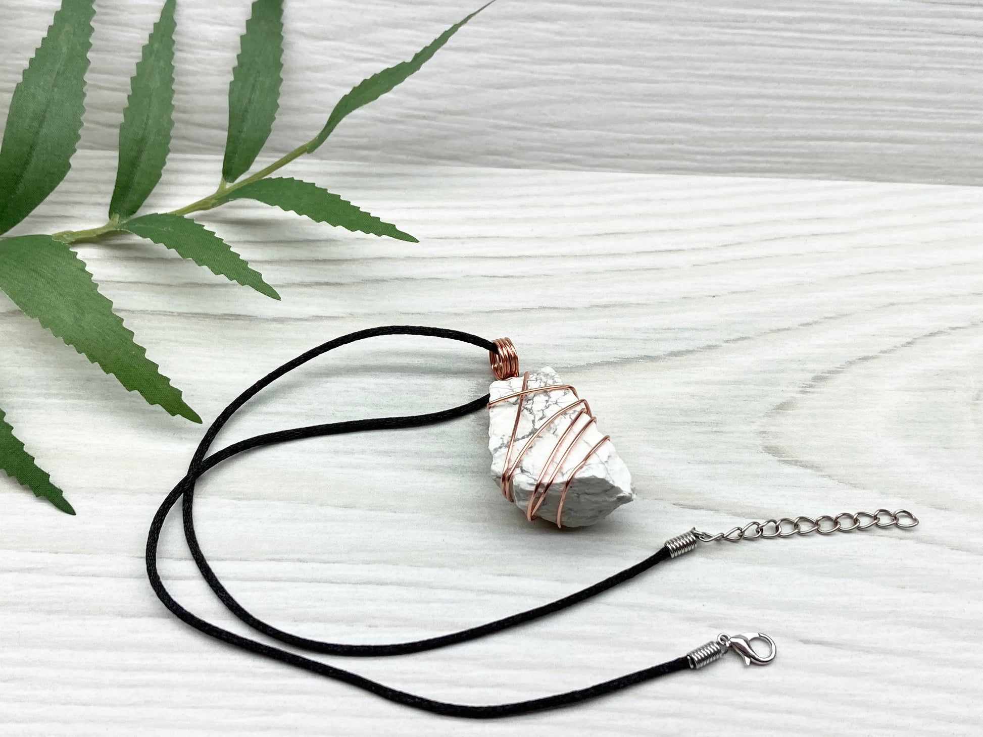 Raw Natural Howlite Necklace. White Crystal With Gray Marble Wrapped With Pure Copper Wire. Comes On A Black Chain. Metaphysical Boho Style Jewelry. Gemini Stone Pendant.