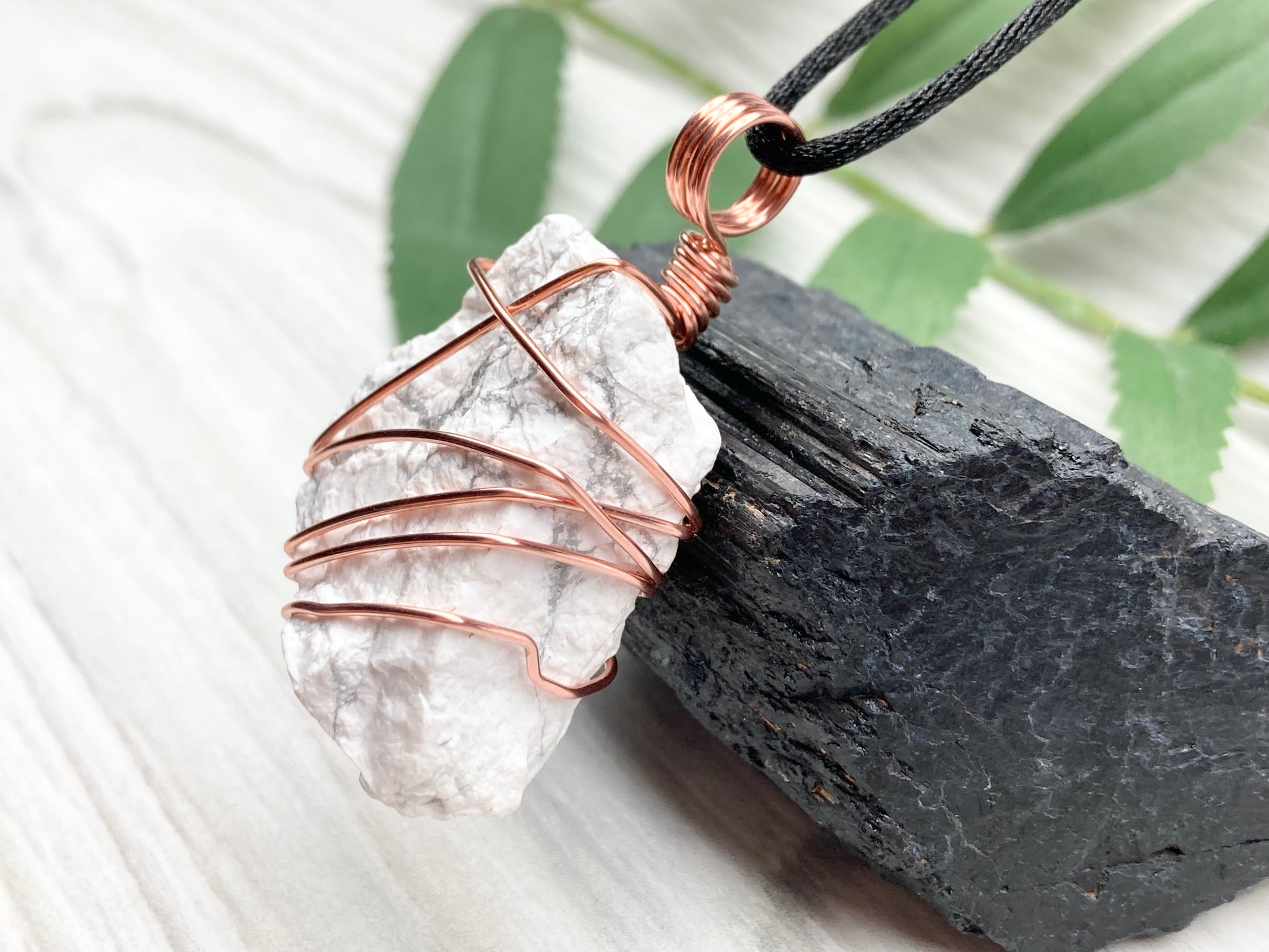 Raw Natural Howlite Necklace. White Crystal With Gray Marble Wrapped With Pure Copper Wire. Comes On A Black Chain. Metaphysical Boho Style Jewelry. Gemini Stone Pendant.