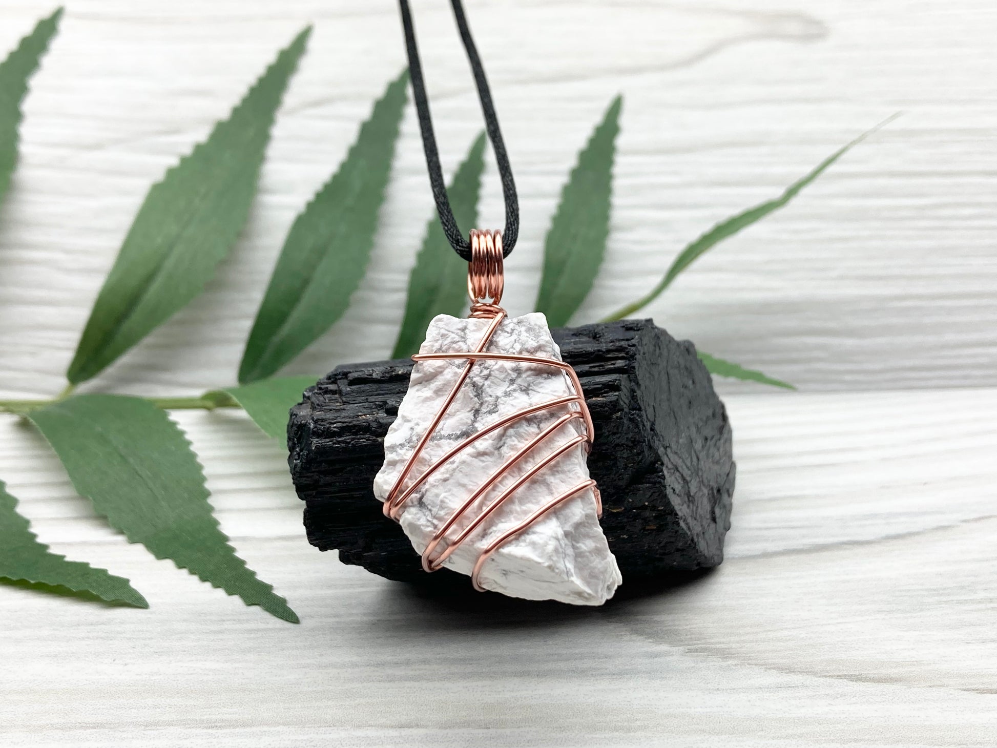 Raw Natural Howlite Necklace. White Crystal With Gray Marble Wrapped With Pure Copper Wire. Comes On A Black Chain. Metaphysical Boho Style Jewelry. Gemini Stone Pendant.