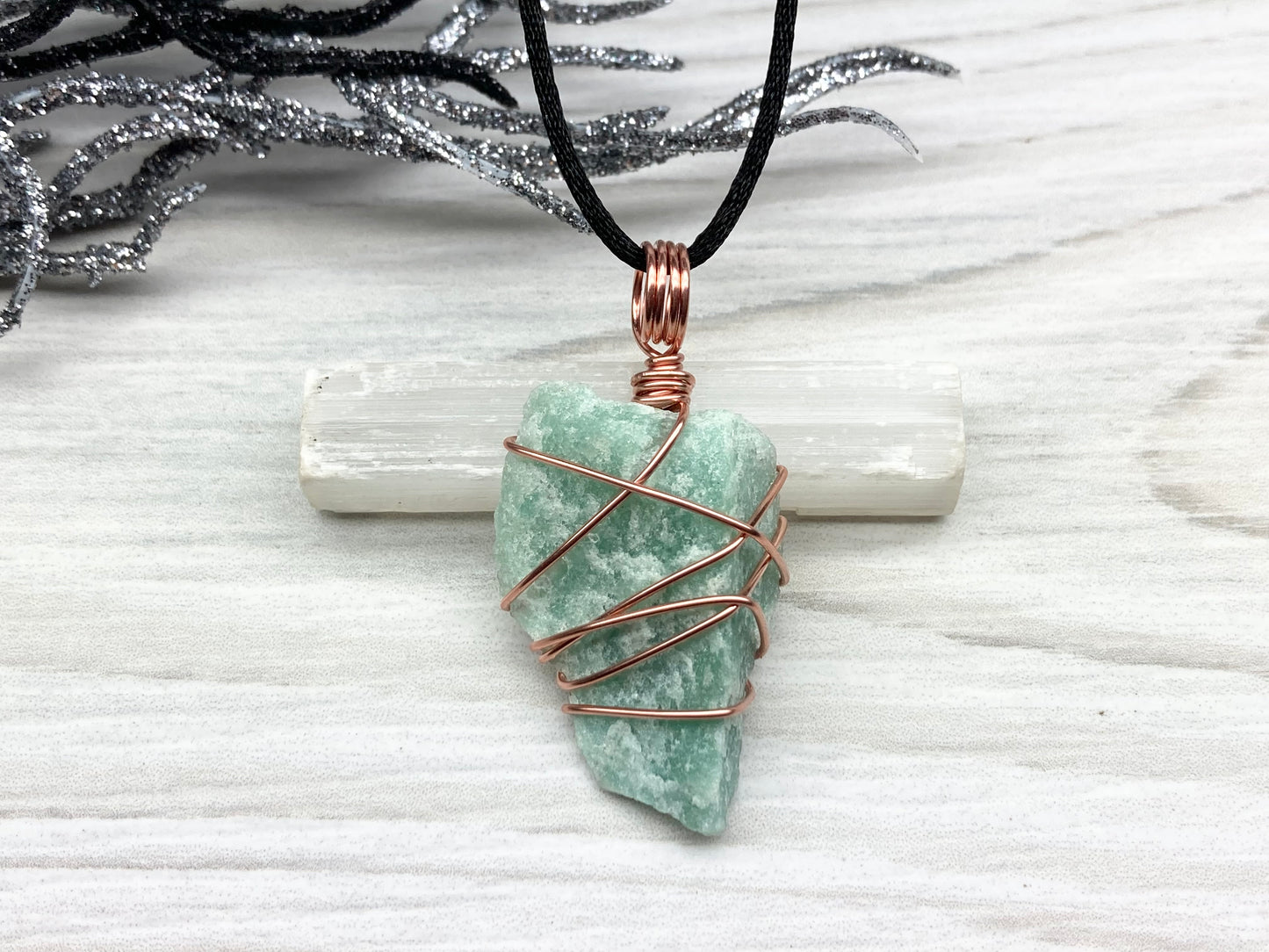 Green Quartz Necklace. Raw Green Crystal Wrapped With Pure Copper Wire. Comes On A Black Chain. Pagan Wiccan Style Handmade Jewelry.